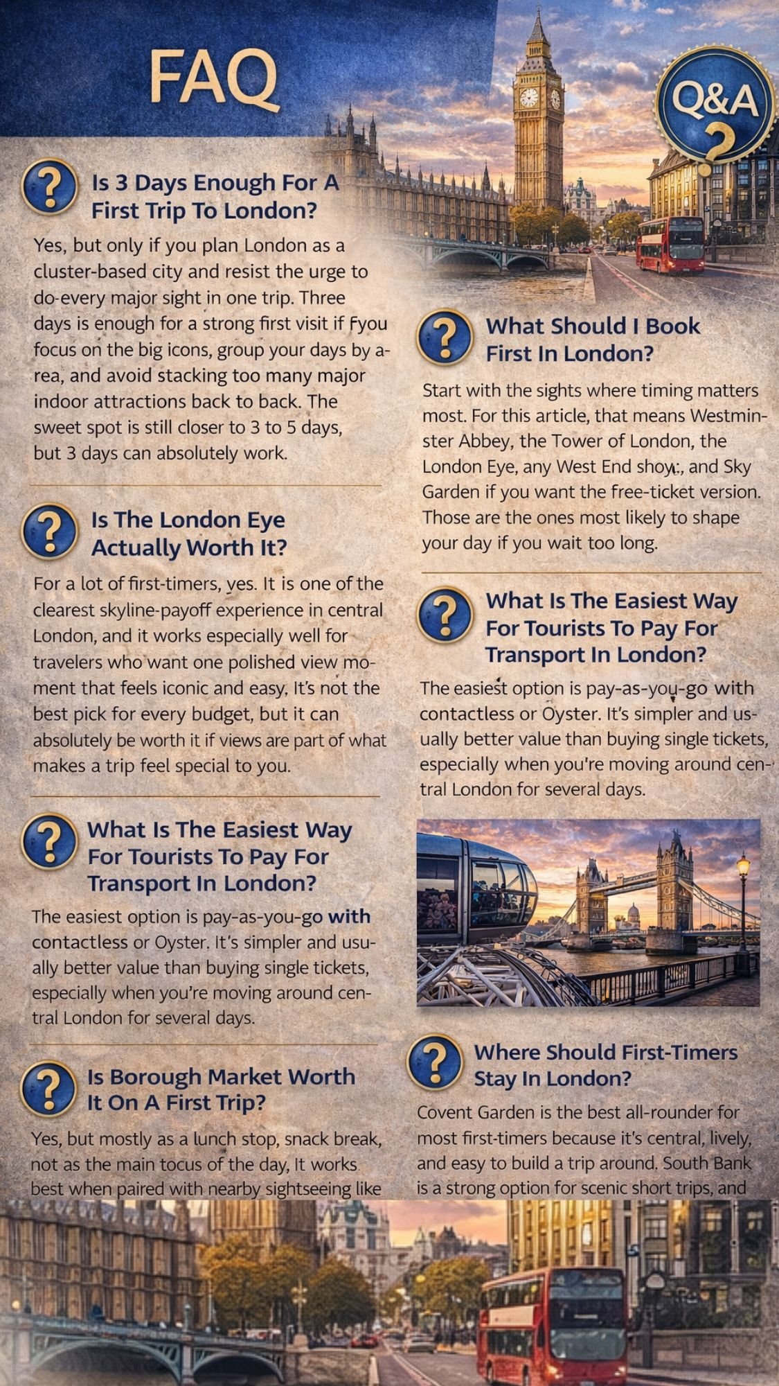 FAQ infographic about visiting London, featuring tips on London attractions, how many days to stay, booking tours, using contactless payment, transport options, and sightseeing ideas. Decorative London photos and graphics throughout.