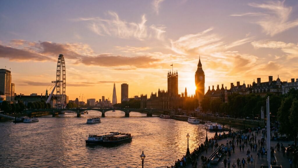 Sunset view of London with the River Thames, boats, the London Eye, and the Houses of Parliament including Big Ben—a must-see on any London trip. The sky is partly cloudy as people walk along the riverside, enjoying iconic London attractions.