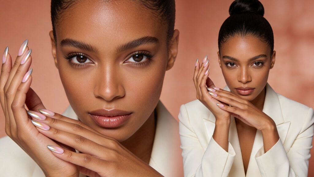 A woman with glowing skin and simple nails poses with her hands near her face, wearing a white blazer against a warm, softly blurred background. One close-up and one half-length portrait are shown.