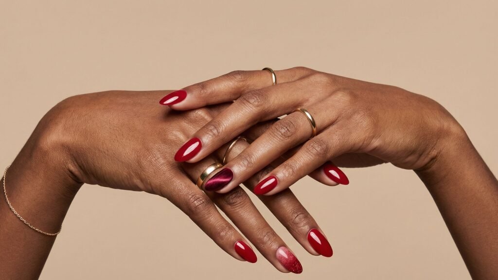Two hands with medium brown skin, fingers intertwined, display glossy red nails—perfect for seasonal nails inspiration. One nail has a glittery accent. Simple gold rings and a thin bracelet stand out against the beige background.