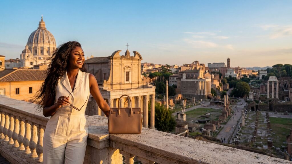 A woman in a white outfit smiles while standing on a terrace overlooking ancient Roman ruins at sunset—a perfect moment for anyone's Italy bucket list, with her large brown handbag resting on the railing.