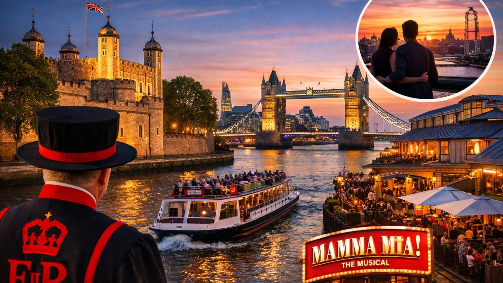 A scenic view of London at sunset with Tower Bridge, a riverboat, and outdoor diners. Inset shows a couple watching the skyline with the London Eye—must-see London attractions for your first trip to London. Mamma Mia! The Musical logo appears in front.