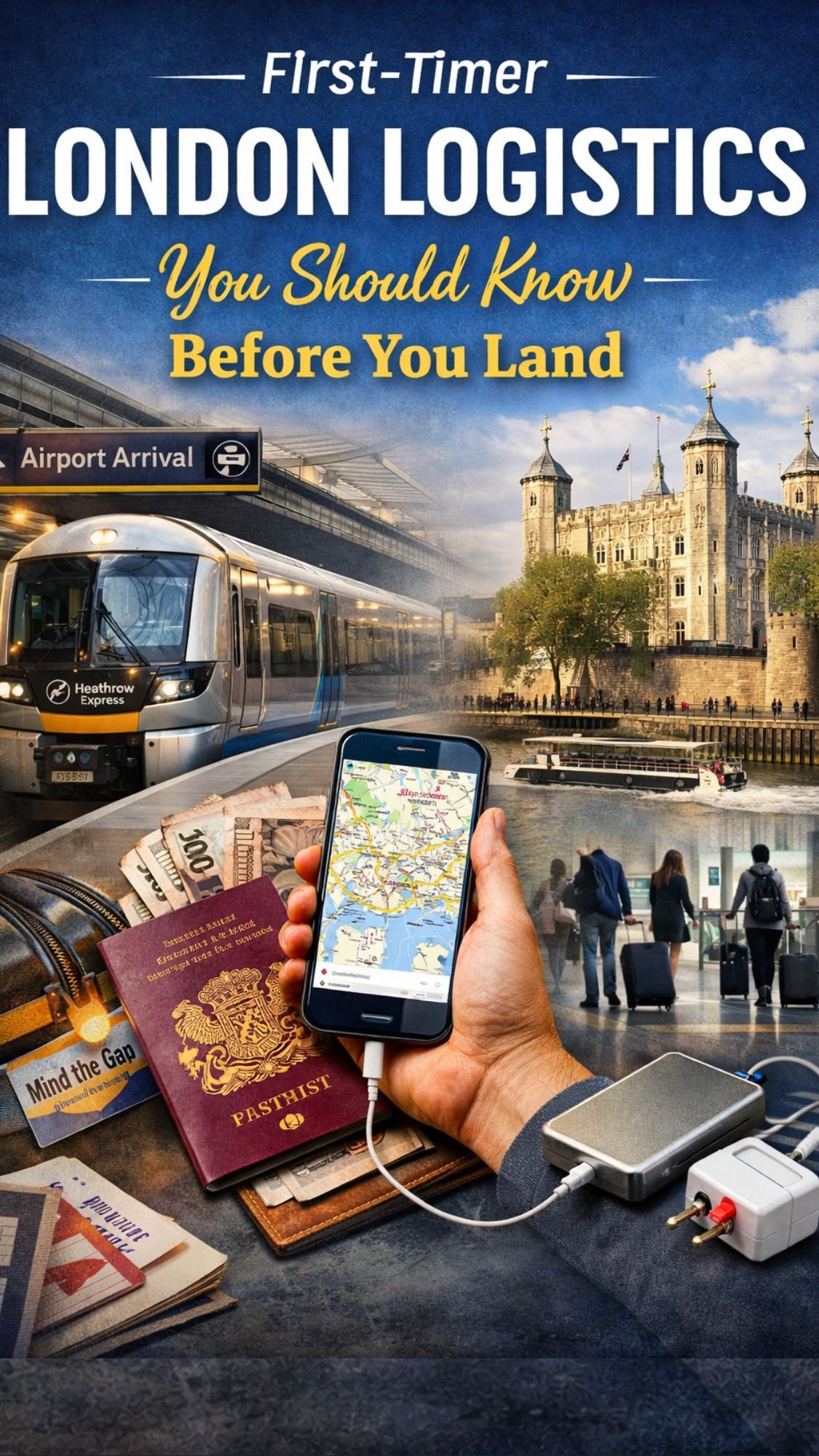 A collage featuring Heathrow Airport, a London Underground train, the Tower of London, a passport, travel cards, a phone with a map, a power bank, and travelers with luggage. Text reads: London travel tips for your first trip to London.