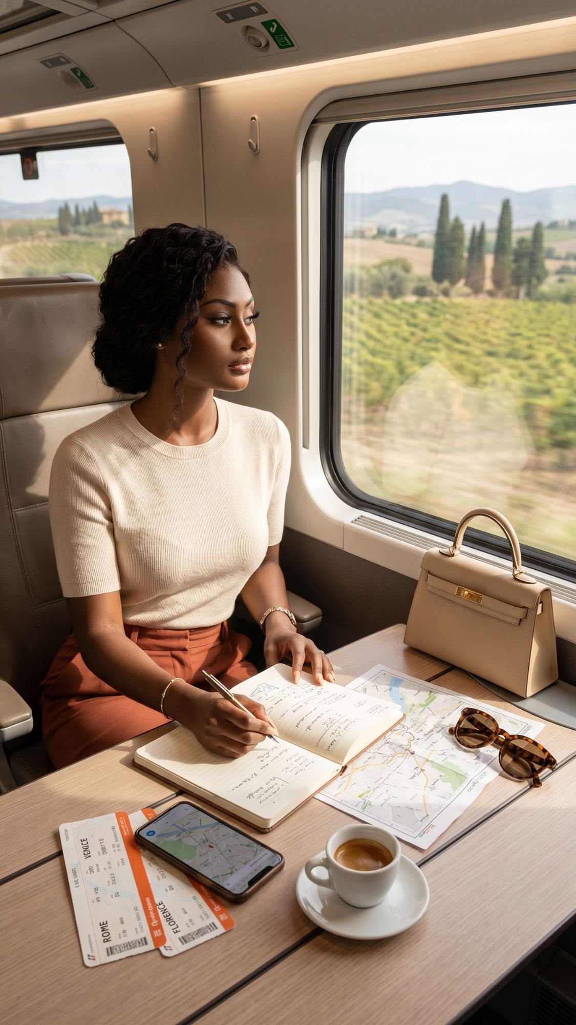 A woman sits by a train window, writing in a notebook. On the table are a map, coffee, sunglasses, phone, train tickets, and handbag—capturing her Italy Experiences as green fields and trees pass by on her First Trip to Italy.