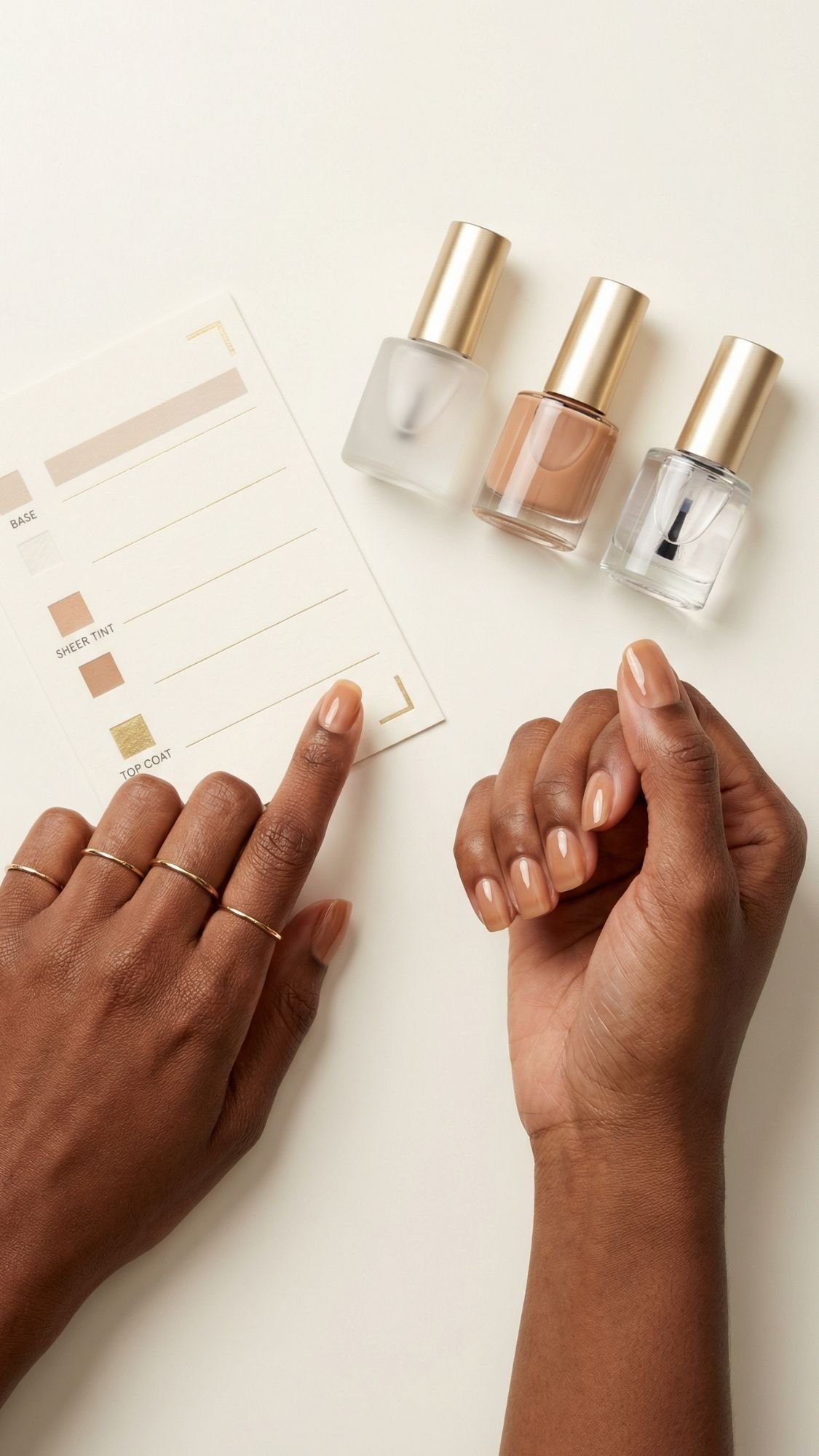 A person with manicured nails points to a nail polish guide featuring nude nail ideas while holding out their other hand. Three bottles of polish with gold caps are next to the guide on a white surface, perfect for chic summer nails.