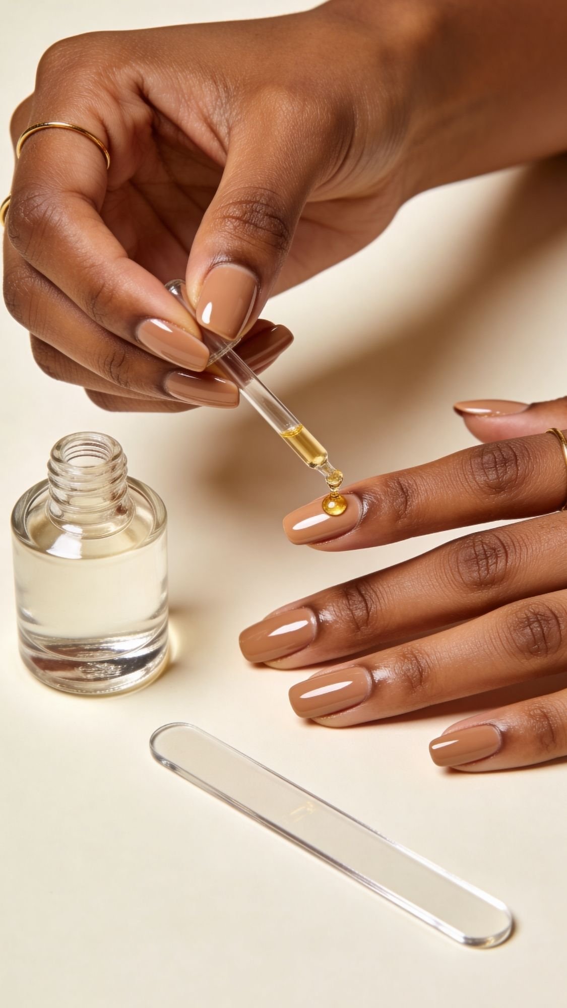 A person with manicured nude nails applies cuticle oil from a dropper onto their fingernail—perfect inspiration for chic nude nail ideas this spring. A clear glass bottle and a glass nail file rest on a light surface.