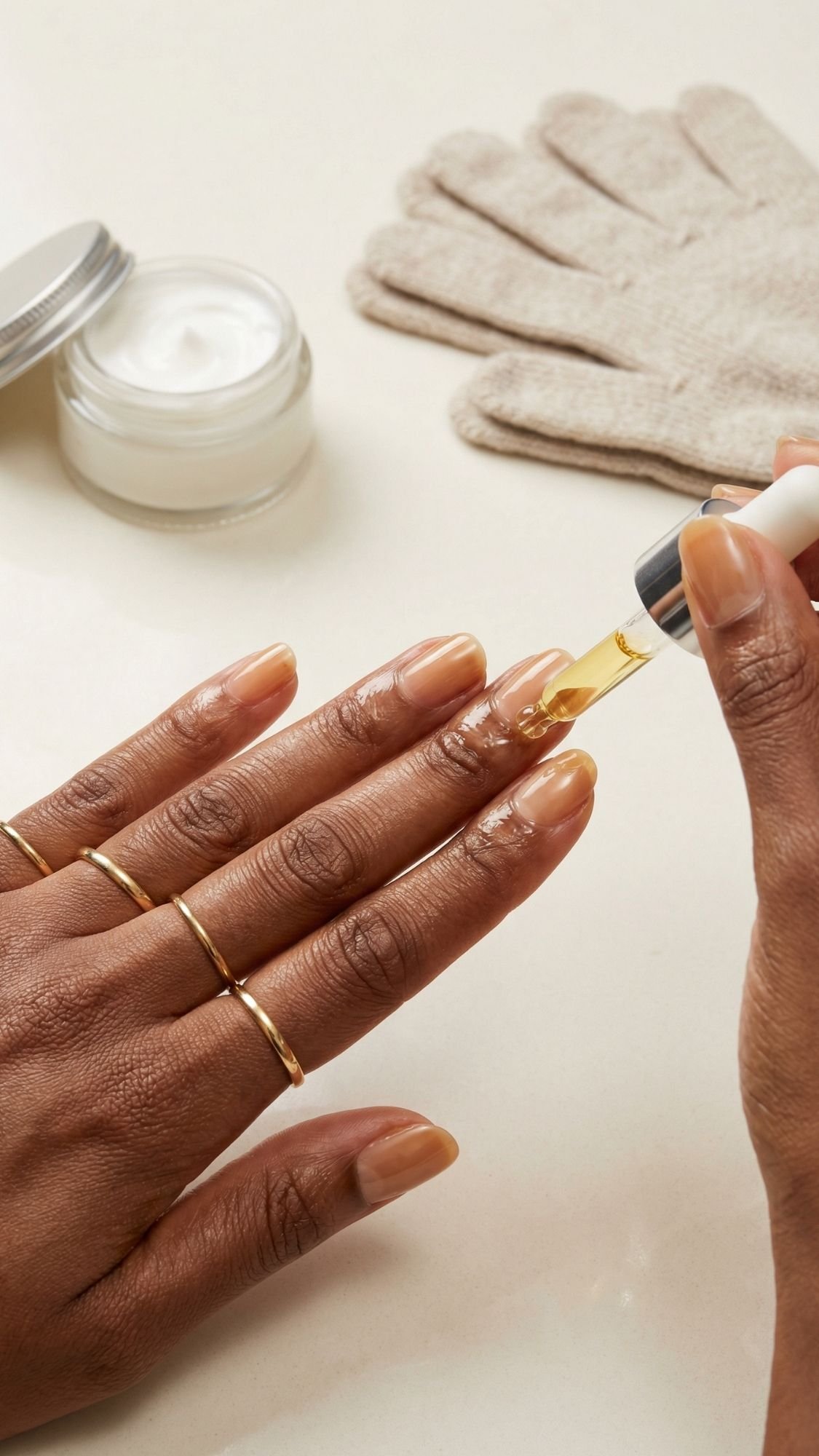 A person applies cuticle oil to their fingernails using a dropper, perfecting elegant summer nails. Their hand rests on a light surface next to a small jar of cream, beige gloves, and gold rings.