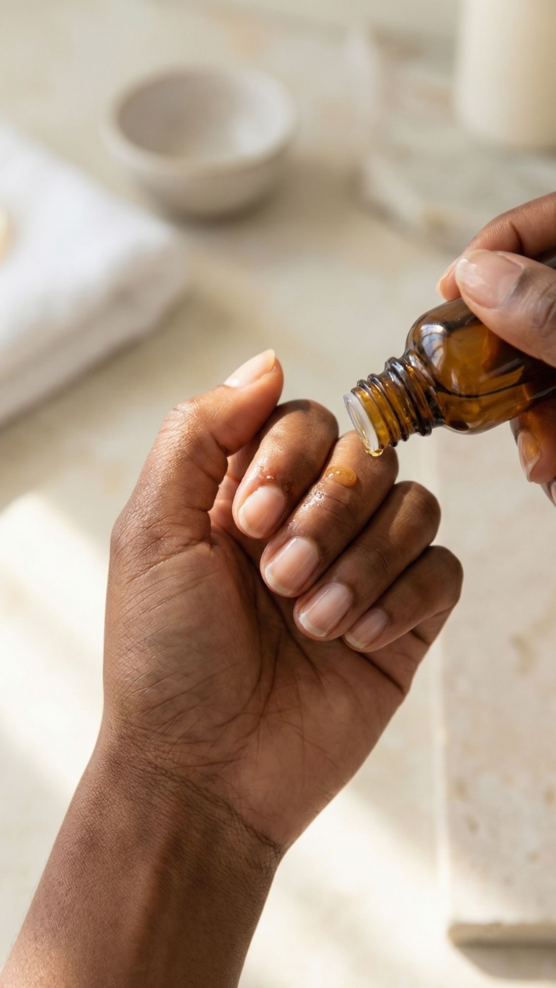 A hand holds a small amber bottle, pouring oil onto the fingers of the other hand—perfect for caring for simple nails at home. The scene has a soft, neutral background and a towel nearby.