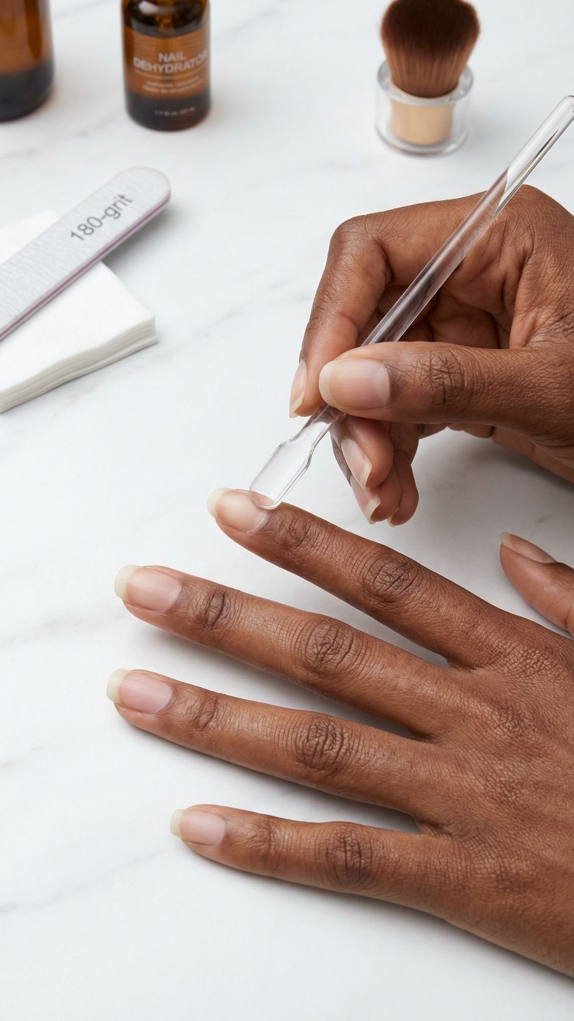 A person uses a clear cuticle pusher on their fingernails, preparing for chic red nails. Nearby are a nail file, a nail dehydrator bottle, and a makeup brush on the white surface—perfect for trying new red nails ideas or elegant nail designs.
