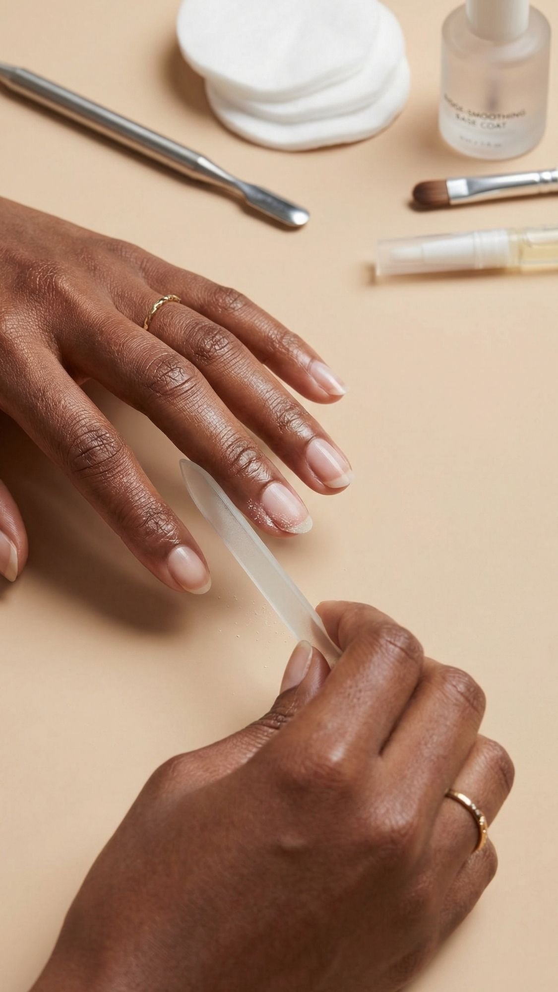 A person perfecting their nude nail ideas with a glass nail file on a beige surface, surrounded by manicure tools, cotton pads, a nail brush, a metal cuticle pusher, and a bottle of clear nail polish.