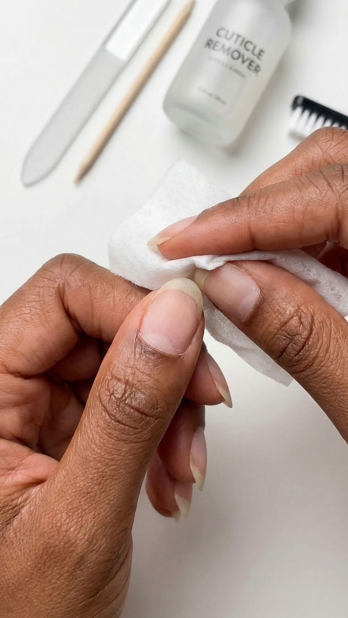 A person uses a white pad to clean their fingernails, surrounded by tools for simple nails: a nail file, wooden stick, cuticle remover, and black brush. Perfect for creating easy nail designs or doing nails at home on a white surface.