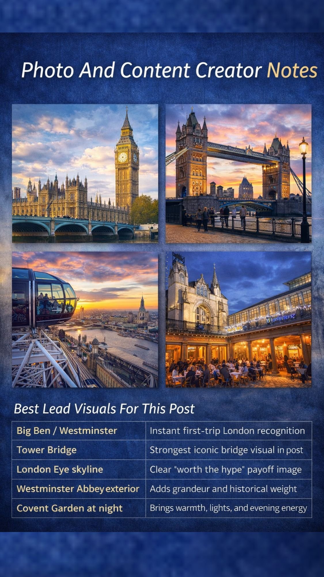 A photo collage with images of Big Ben, Tower Bridge, the London Eye, and Covent Garden at night. Captioned notes highlight each landmark’s visual appeal—perfect inspiration for sharing top London attractions or planning your first trip to London.