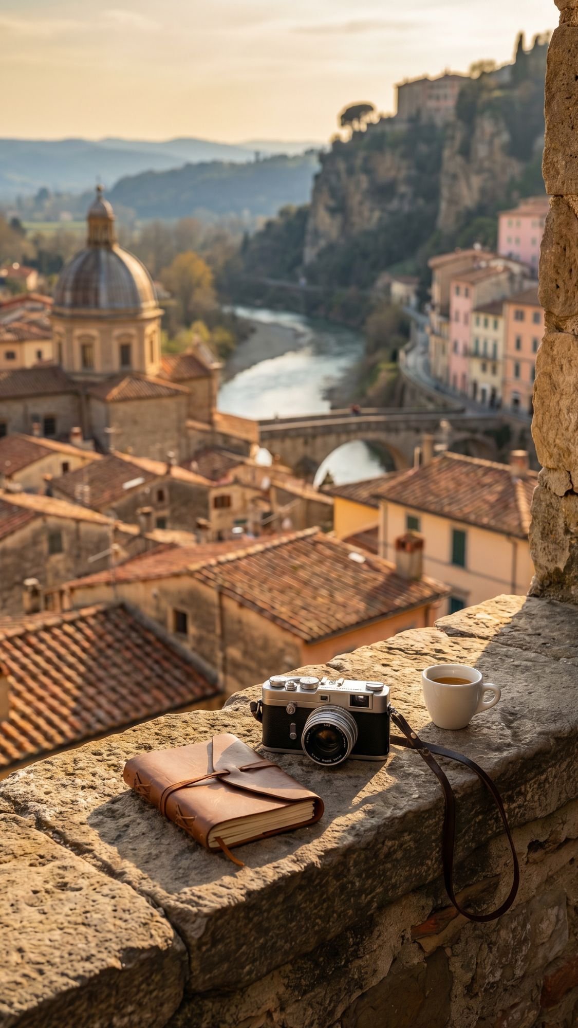 A vintage camera, leather notebook, and cup of coffee rest on a stone ledge overlooking a scenic European town—an unforgettable scene for any Italy Bucket List, with terracotta rooftops, dome, river, and hills in the warm light of sunset.