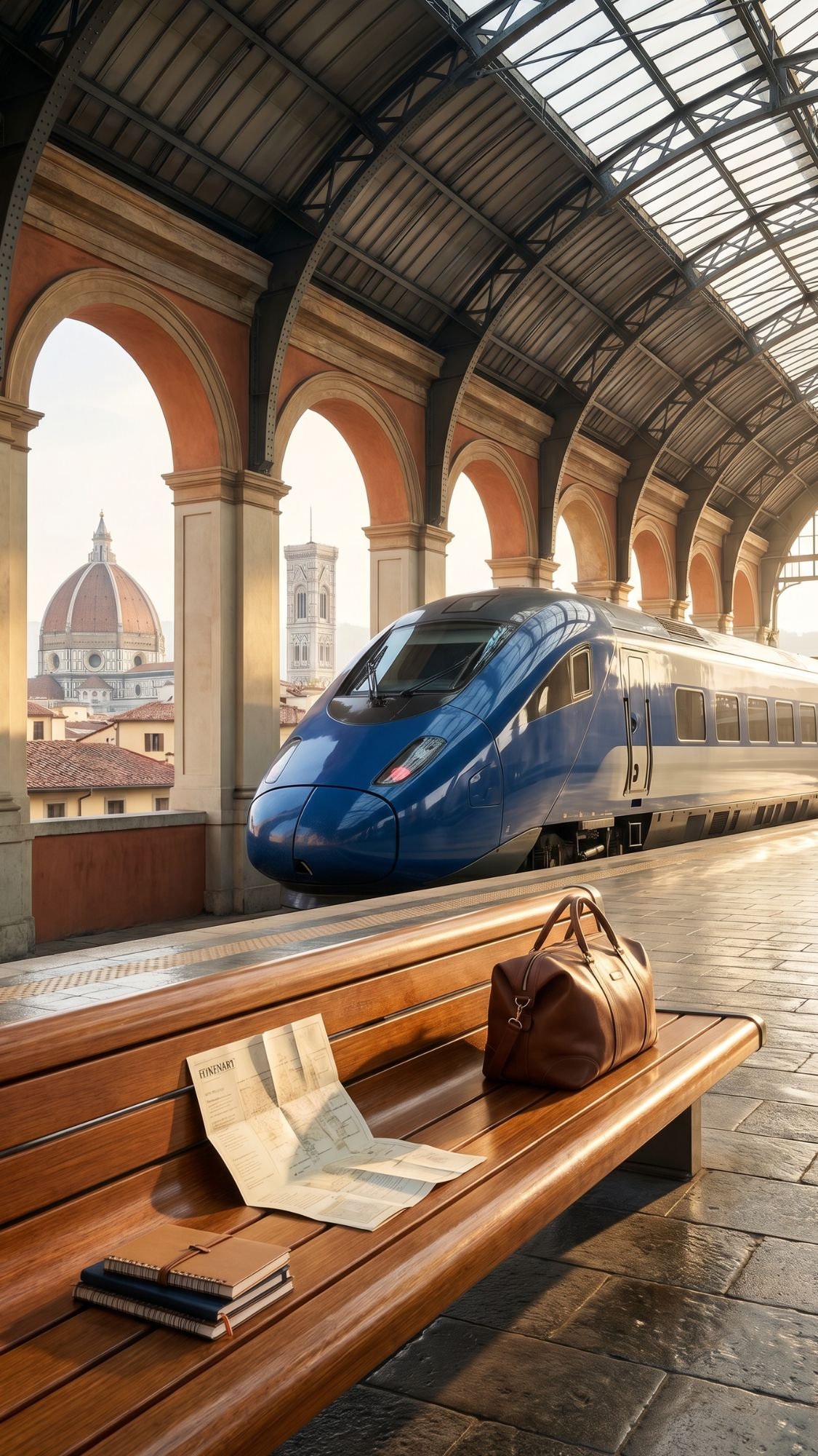 A sleek blue high-speed train waits at an elegant station with arched columns. In the foreground, a bench holds a brown leather bag, a notebook, and a map—essentials for unforgettable Italy experiences. Florence’s Duomo rises in the background.
