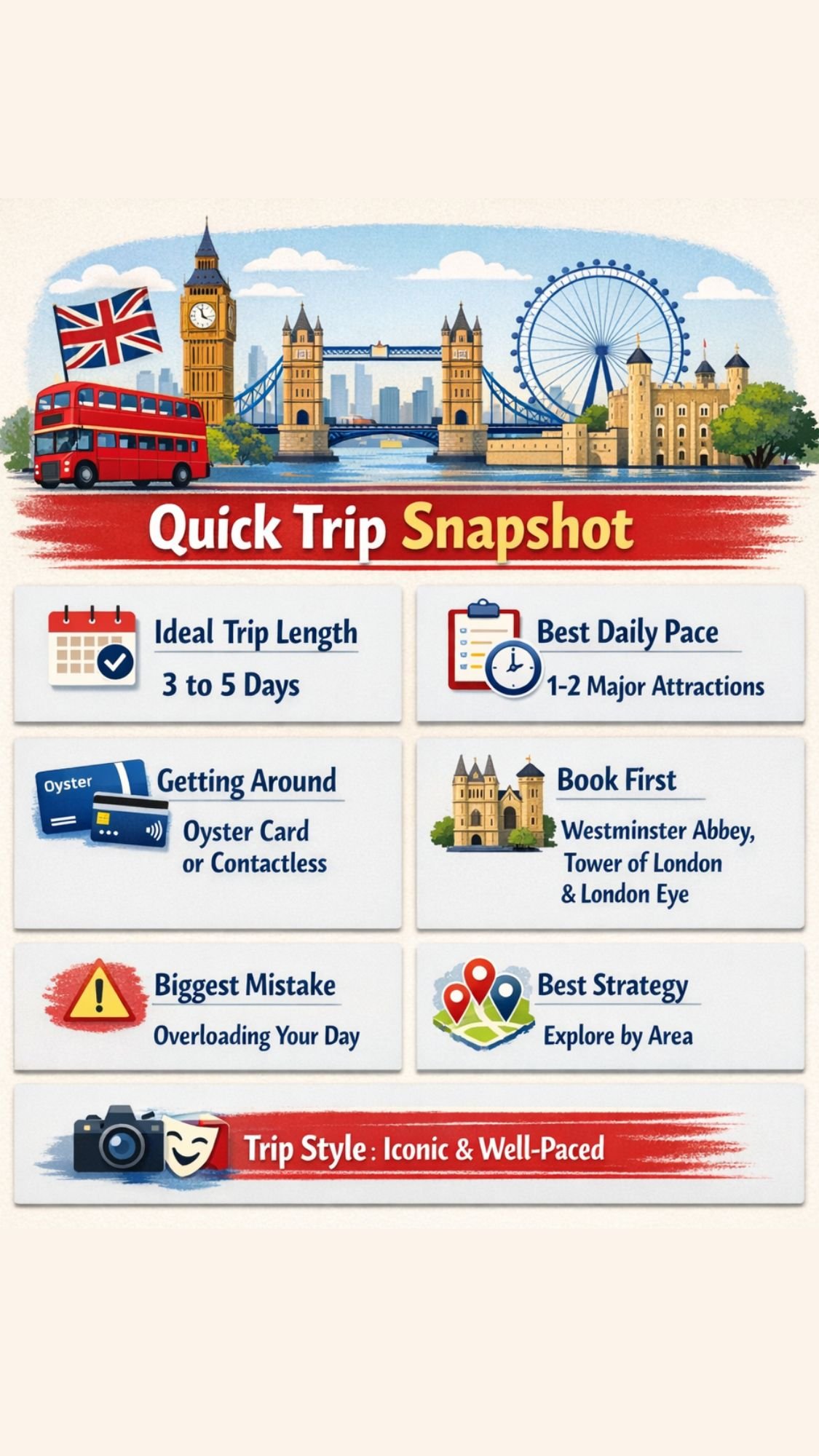 Infographic for a First Trip to London: suggests 3-5 days, 1-2 major London Attractions daily, use Oyster card for transit, book top sights in advance, avoid overplanning, and explore by area. Trip style: iconic and well-paced.