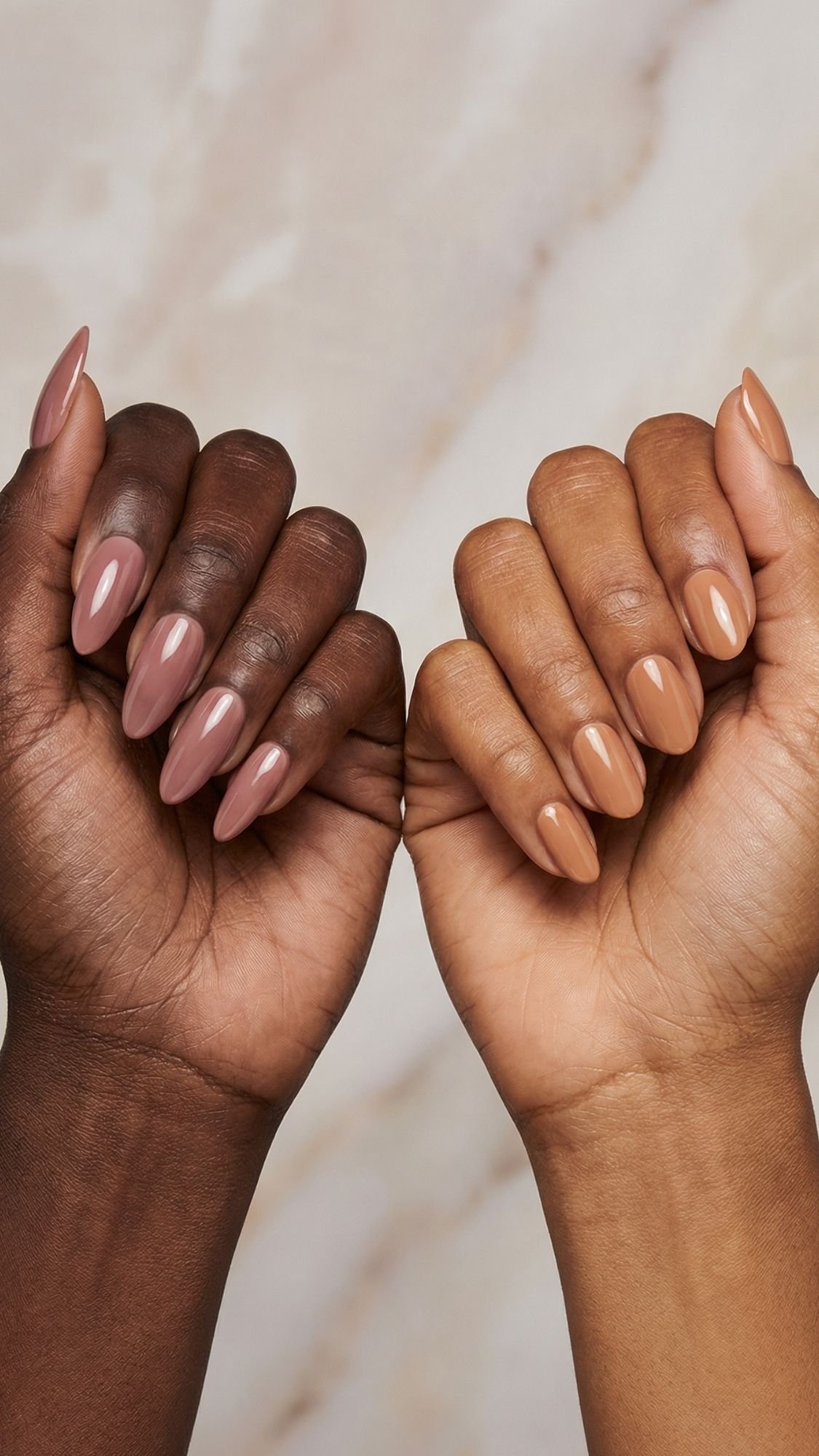 Two hands with manicured nails are shown against a marble background, showcasing Simple Nails with mauve-pink and beige-nude shades. Both feature almond-shaped, glossy nails—perfect inspiration for Easy Nail Designs or trying Nails At Home.