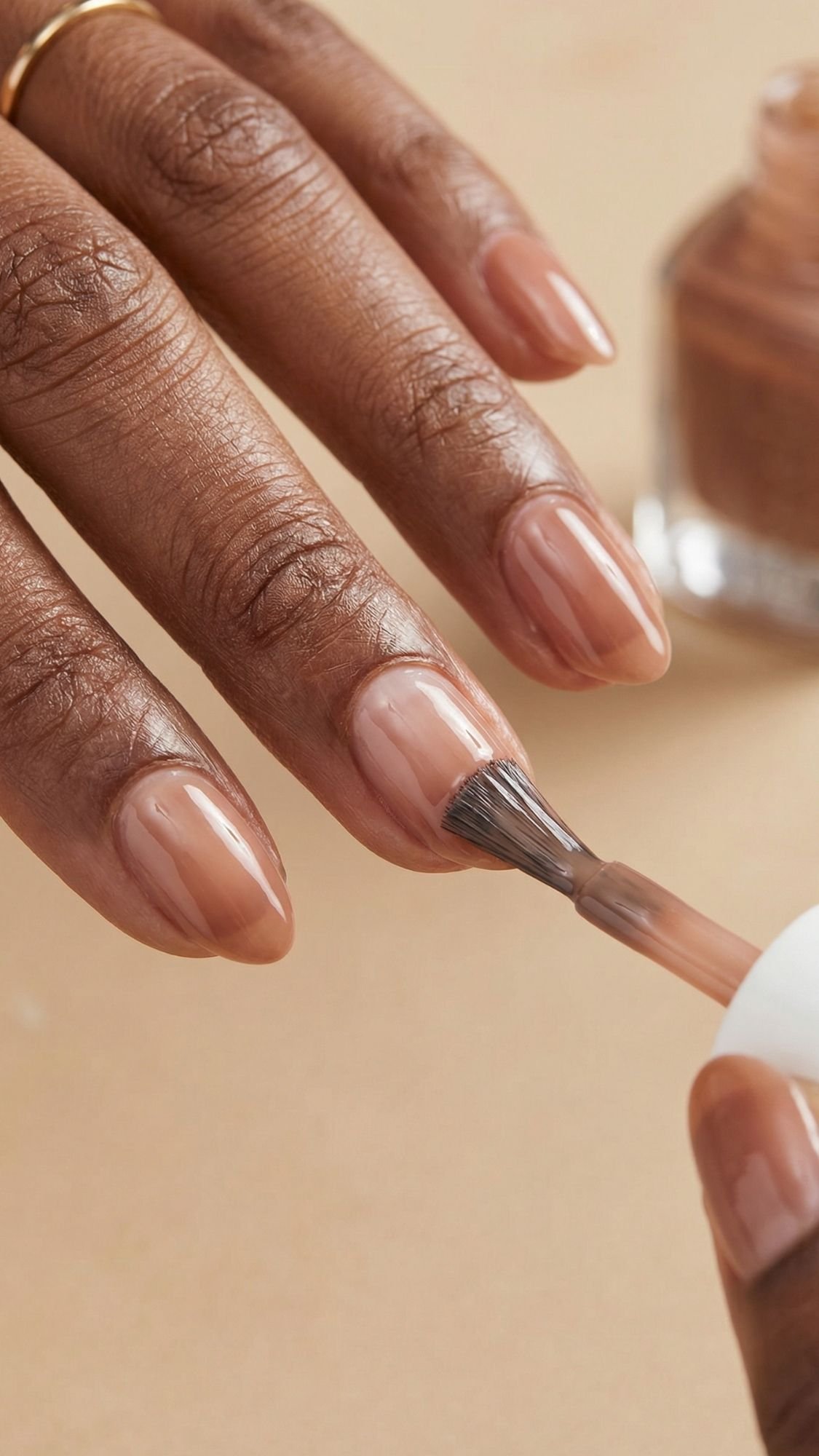 A close-up of a person applying nude-colored nail polish to their fingernails, perfect for chic nude nail ideas this spring. A small brush, a bottle of polish in the background, and a thin gold ring add an elegant touch.