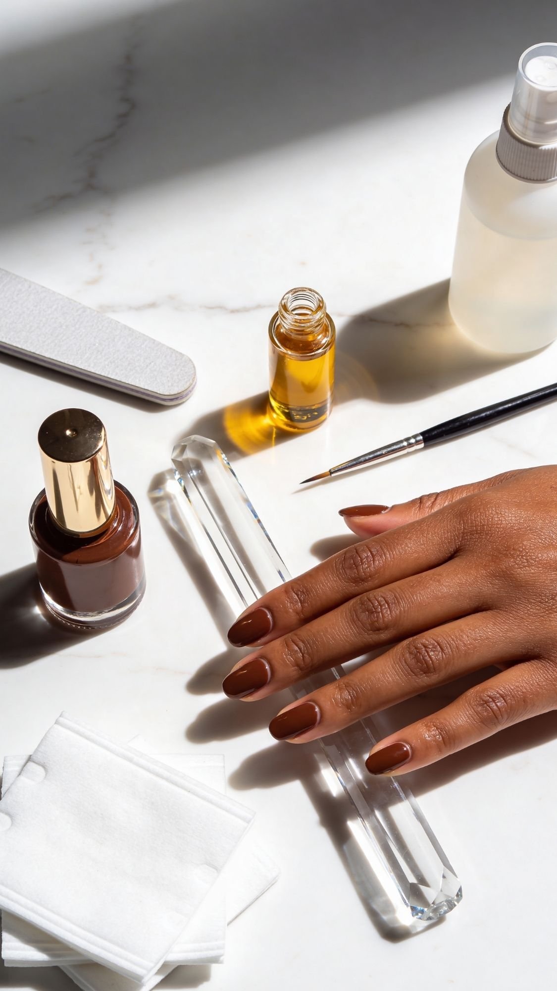 A hand with brown painted nails rests on a white surface, surrounded by tools for simple nails—nail file, polish bottle, cuticle oil, brush, spray bottle, and cotton pads. Sunlight softly highlights this easy nails at home setup.