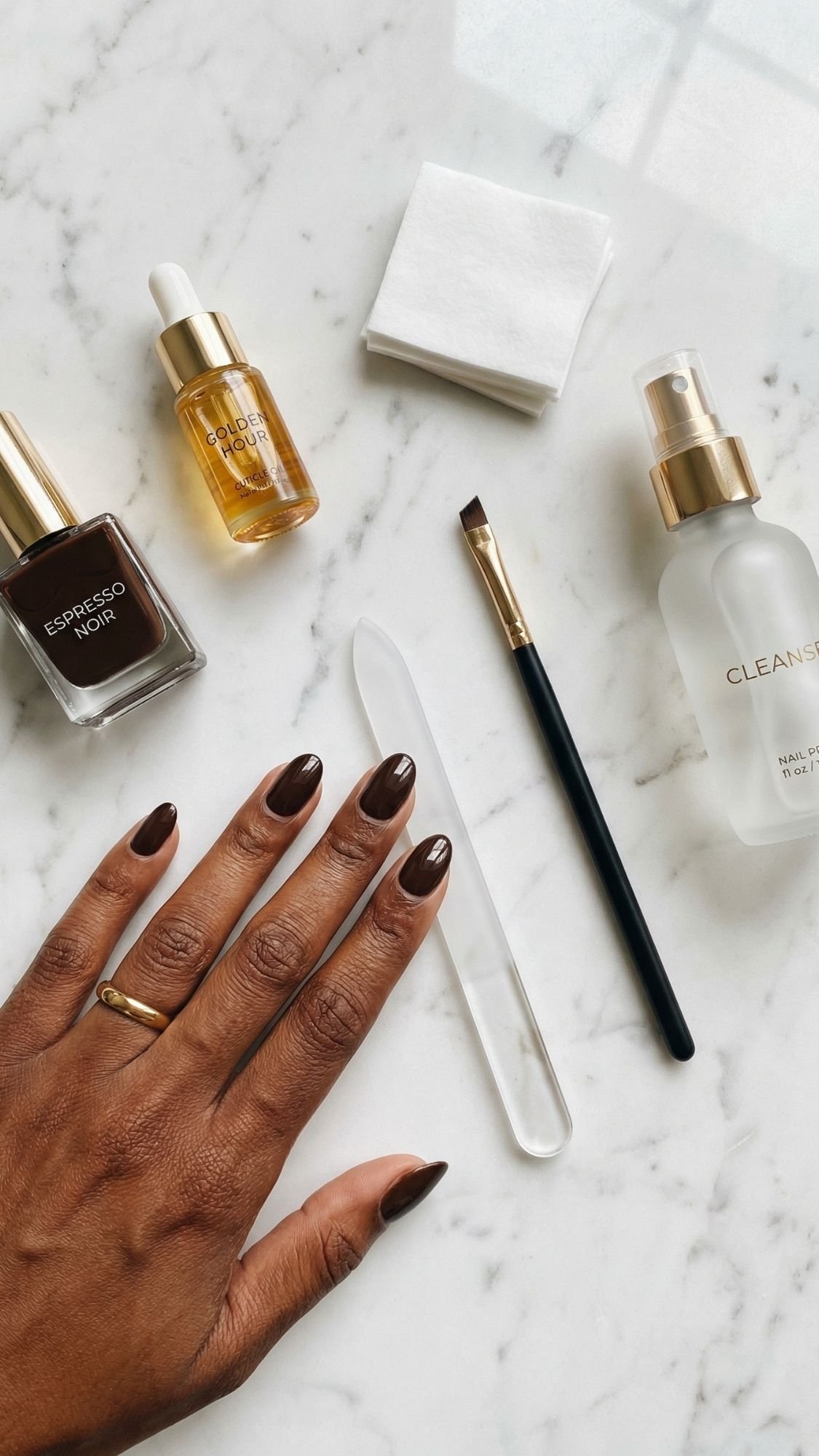 A hand with dark brown polished nails rests on a marble surface beside nail polish, a serum dropper, a cleanser spray bottle, a nail file, and more—perfect essentials for creating easy nail designs or simple nails at home.