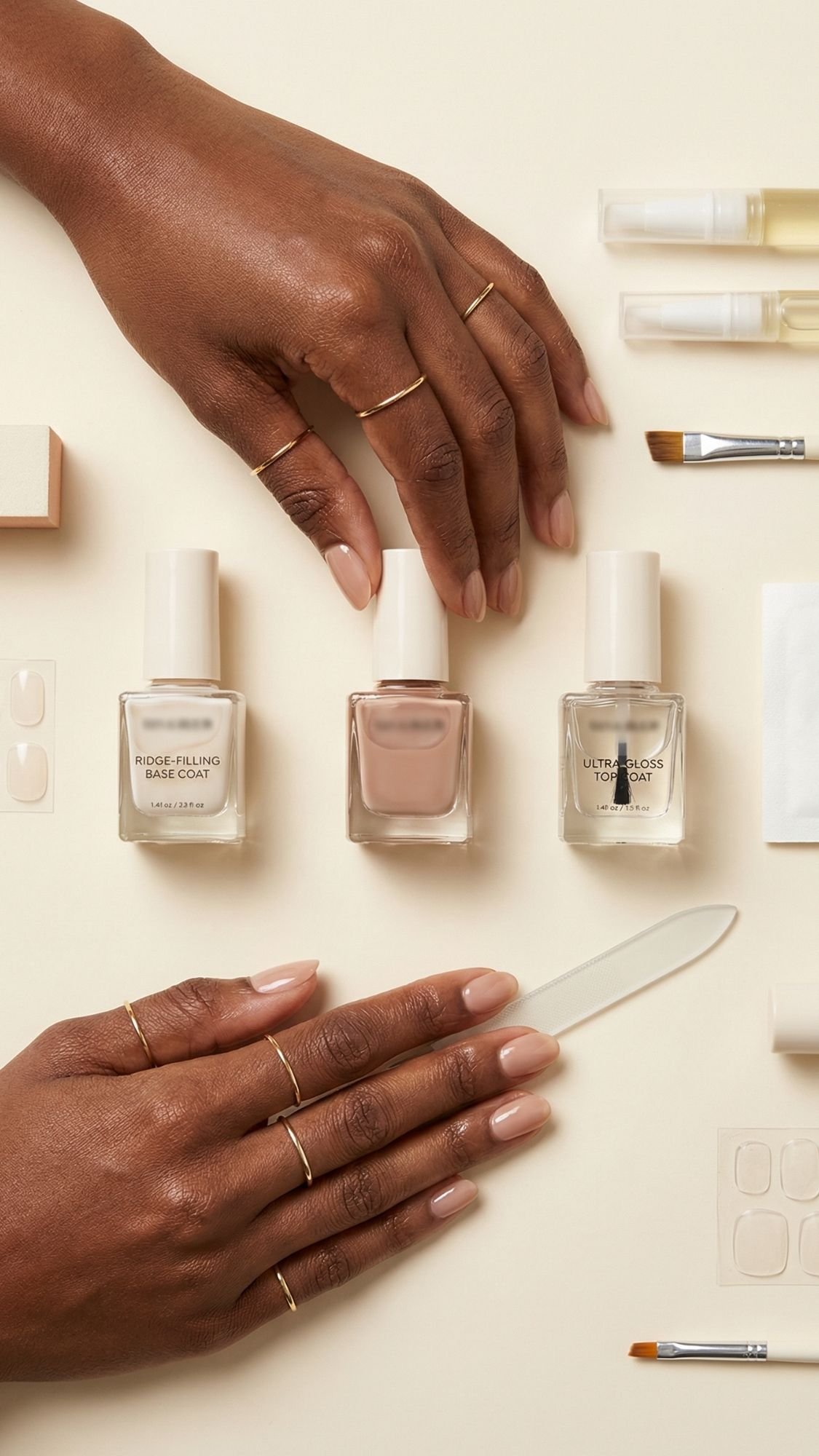 A person with manicured hands, wearing delicate gold rings, displays three nail polish bottles perfect for summer nails, a nail file, manicure tools, and nail stickers neatly arranged on a beige background.