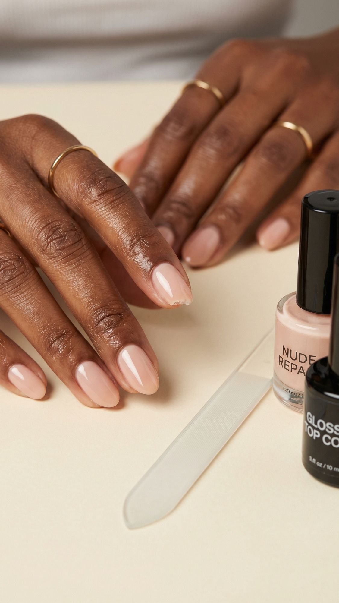 A close-up of hands with nude-colored polished nails, perfect for spring nails, wearing gold rings. Nearby are a nail file, a bottle labeled Nude Repair, and another labeled Glossy Top Coat.