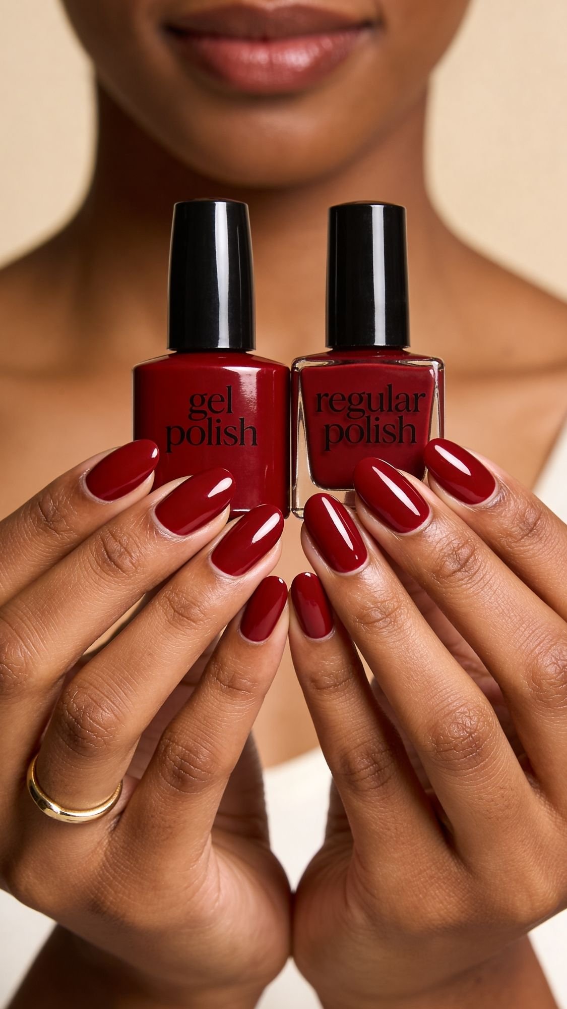 A person with neatly manicured red nails holds two bottles of red polish—one gel polish and one regular—showcasing nail ideas perfect for every season. A gold ring adds a stylish touch to the look.