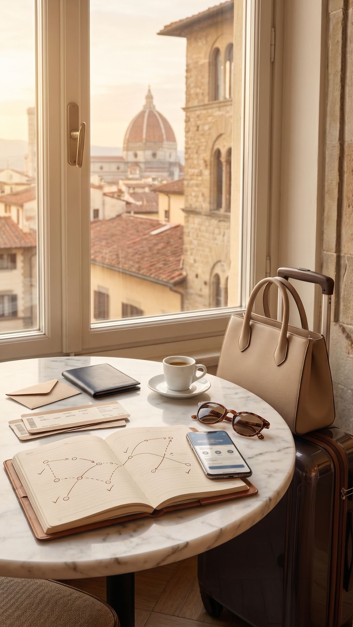 A marble table by a window holds an open travel journal with maps, a smartphone, sunglasses, coffee cup, wallet, and passport—essentials for your first trip to Italy; the Duomo of Florence waits just outside, ready to inspire your Italy bucket list.
