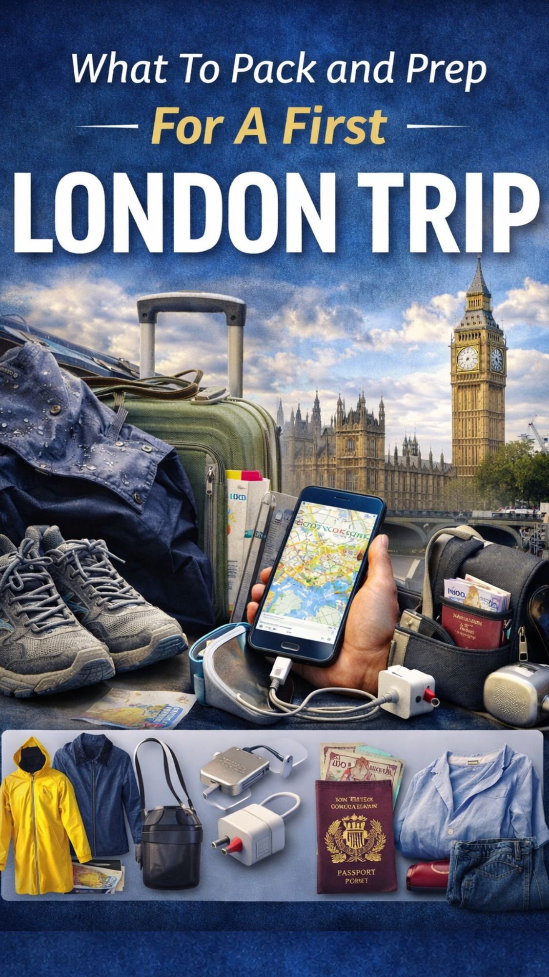 A collage of travel essentials for a first trip to London, including luggage, shoes, a map on a smartphone, plug adapters, rain jackets, a bag, passports, and clothes—with Big Ben and the Houses of Parliament in the background.
