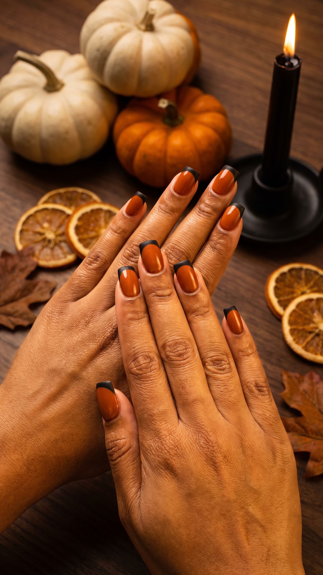 Hands with brown and black French tip nails rest on a wooden table decorated with mini pumpkins, dried orange slices, autumn leaves, and a lit black candle, creating a cozy fall atmosphere—perfect inspiration for those seeking subtle Halloween nails.