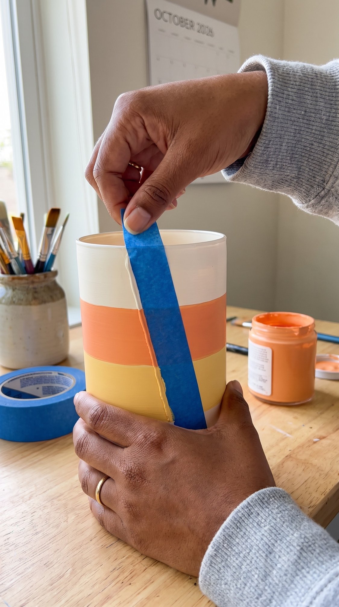 A person places blue painters tape on a striped planter. Orange paint, brushes, and tape are on a wooden table. A calendar and window are in the background.