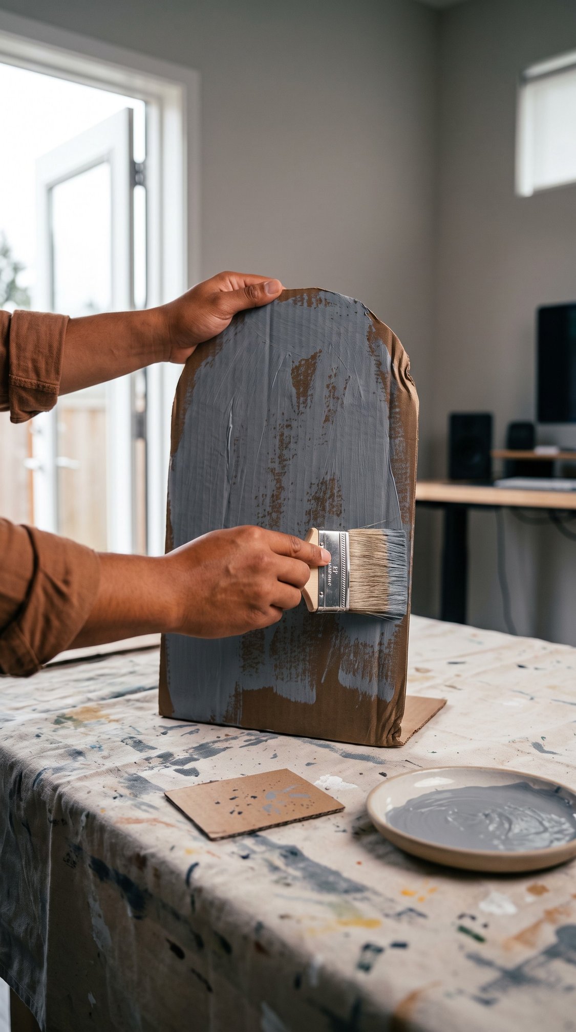 A person paints a gray layer onto a ceramic sculpture with a paintbrush, working on a table covered with a cloth; a plate with gray paint sits nearby in a well-lit room.