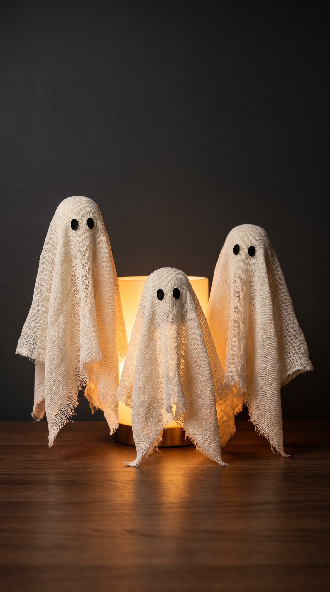 Three small ghost decorations made from white fabric with black eyes stand on a wooden surface in front of a warm glowing light against a dark background.