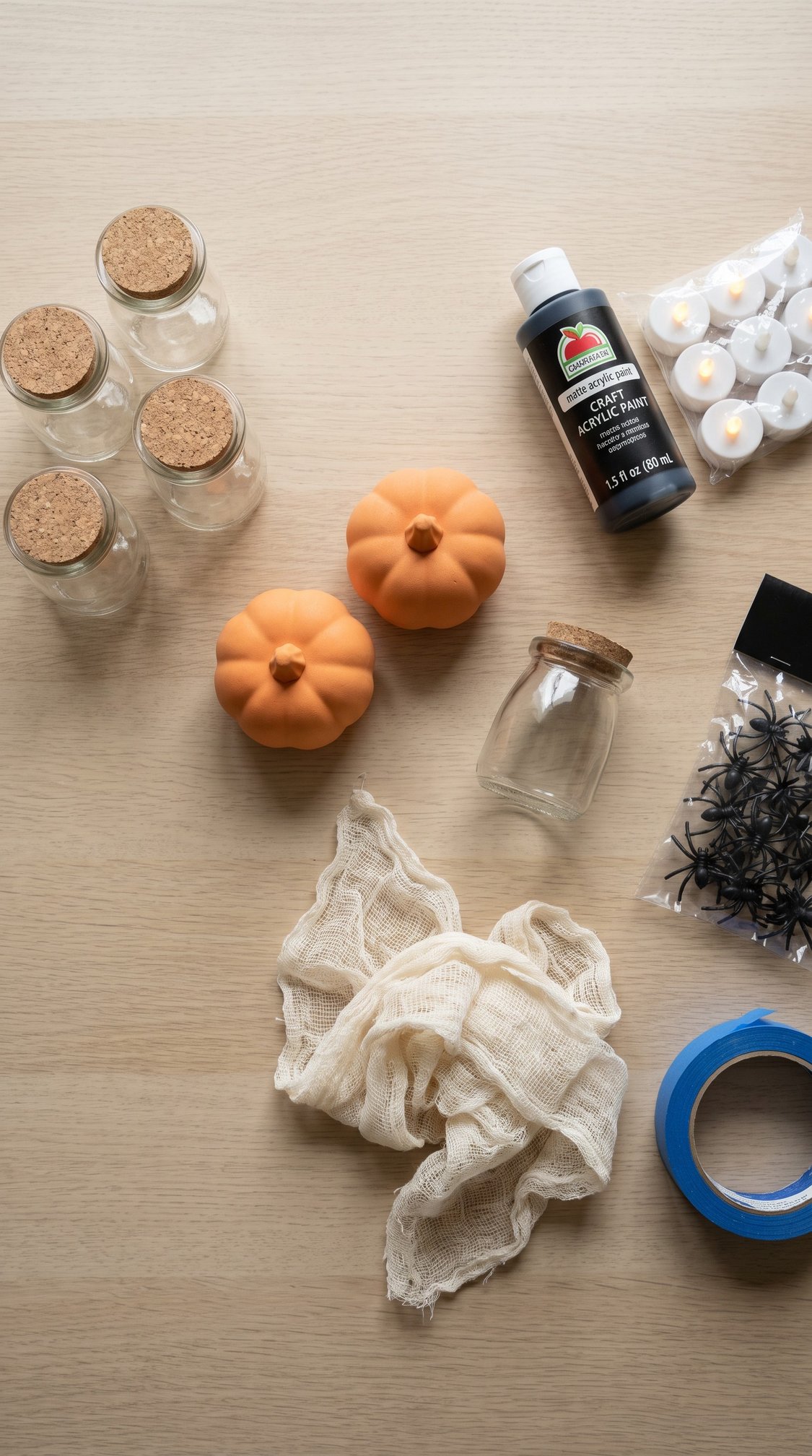 Craft supplies on a table: four glass jars with cork lids, two small pumpkins, a paint bottle, battery tea lights, fake spiders, blue tape, cheesecloth, and one jar with its lid off.
