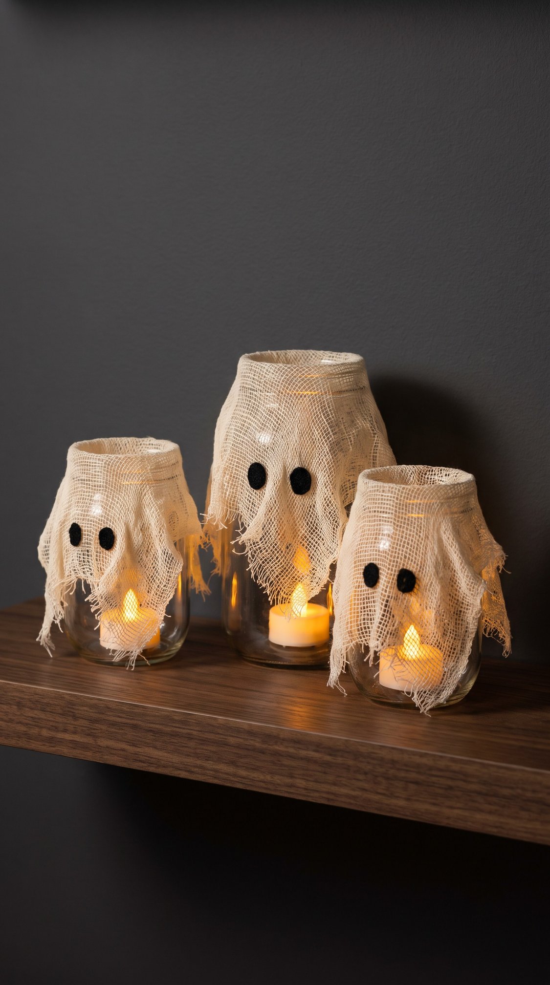 Three glass jars covered with white gauze and black eyes to look like ghosts, each containing a lit candle inside, are placed on a wooden shelf against a dark wall.