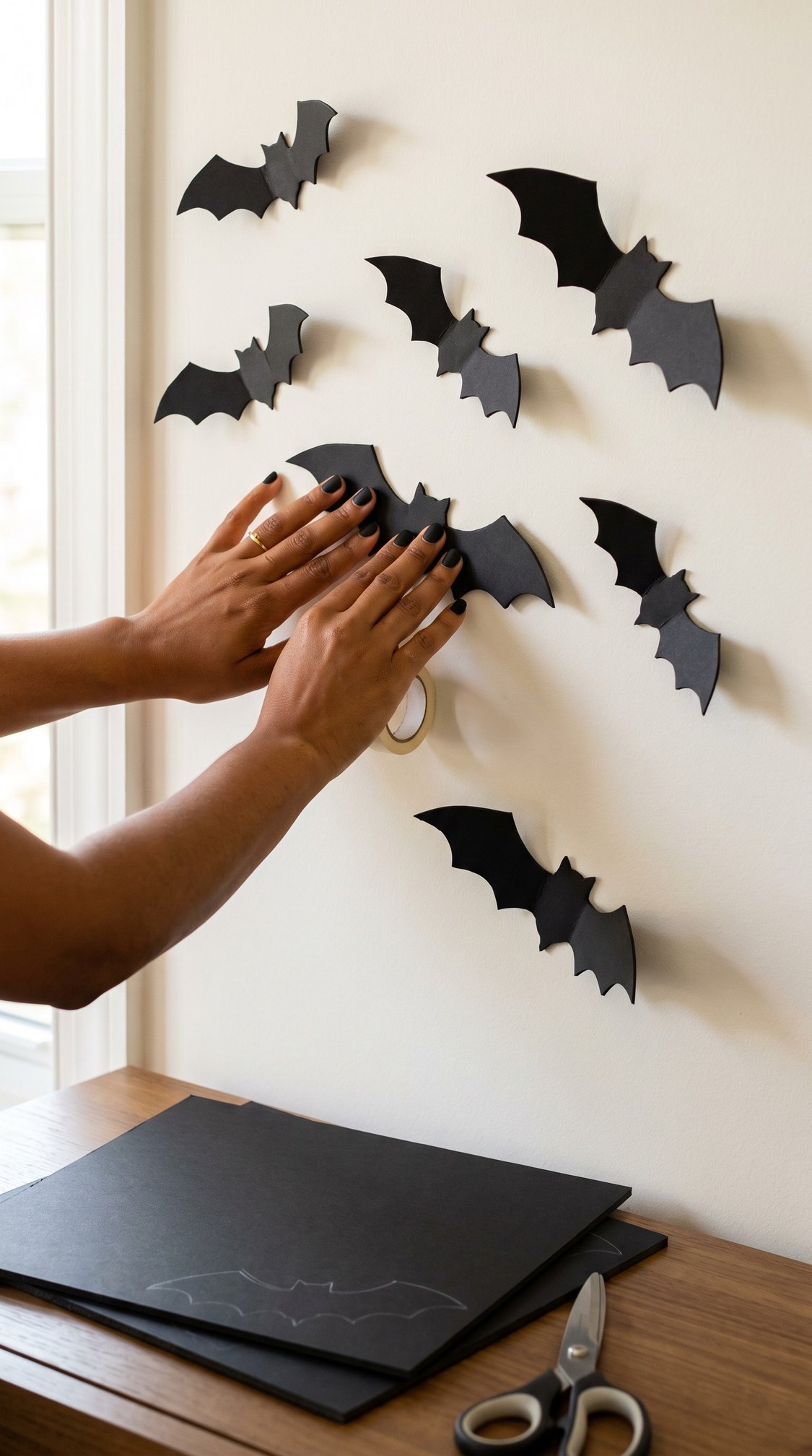 A person with black nail polish attaches a paper bat to a wall decorated with other paper bats. A table below holds more paper, scissors, and a pencil.