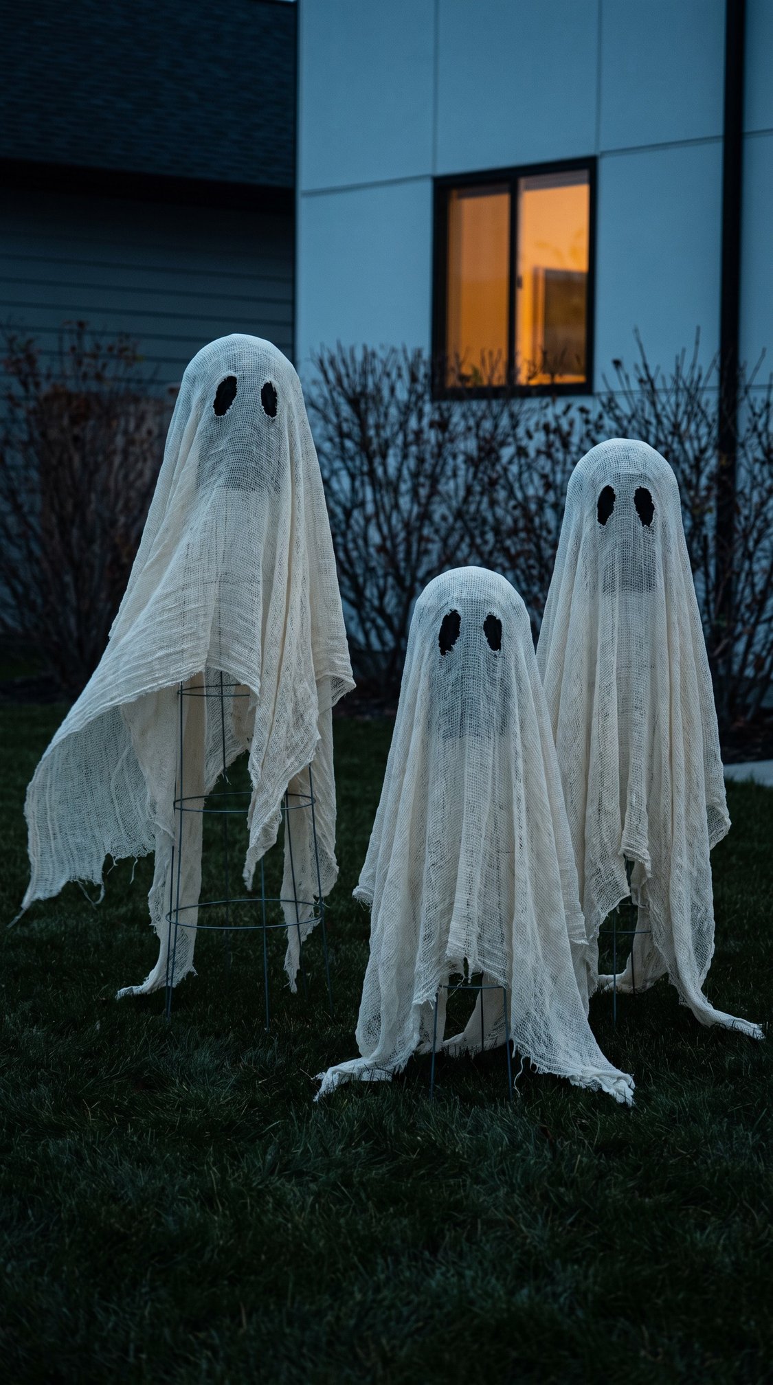 Three ghost decorations covered in white sheets with black eye holes stand on a grassy lawn at dusk, in front of a house with one lit window and bare bushes in the background.