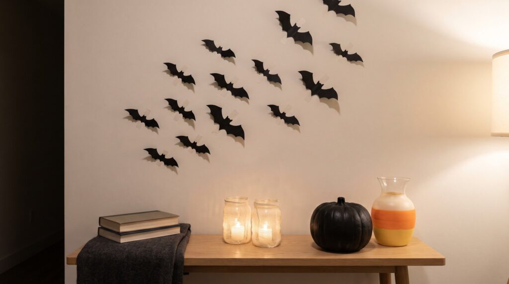 Halloween decor with black paper bats on a wall, two stacked books, two lit candles in jars, a black pumpkin, and a striped vase on a wooden table next to a lamp.