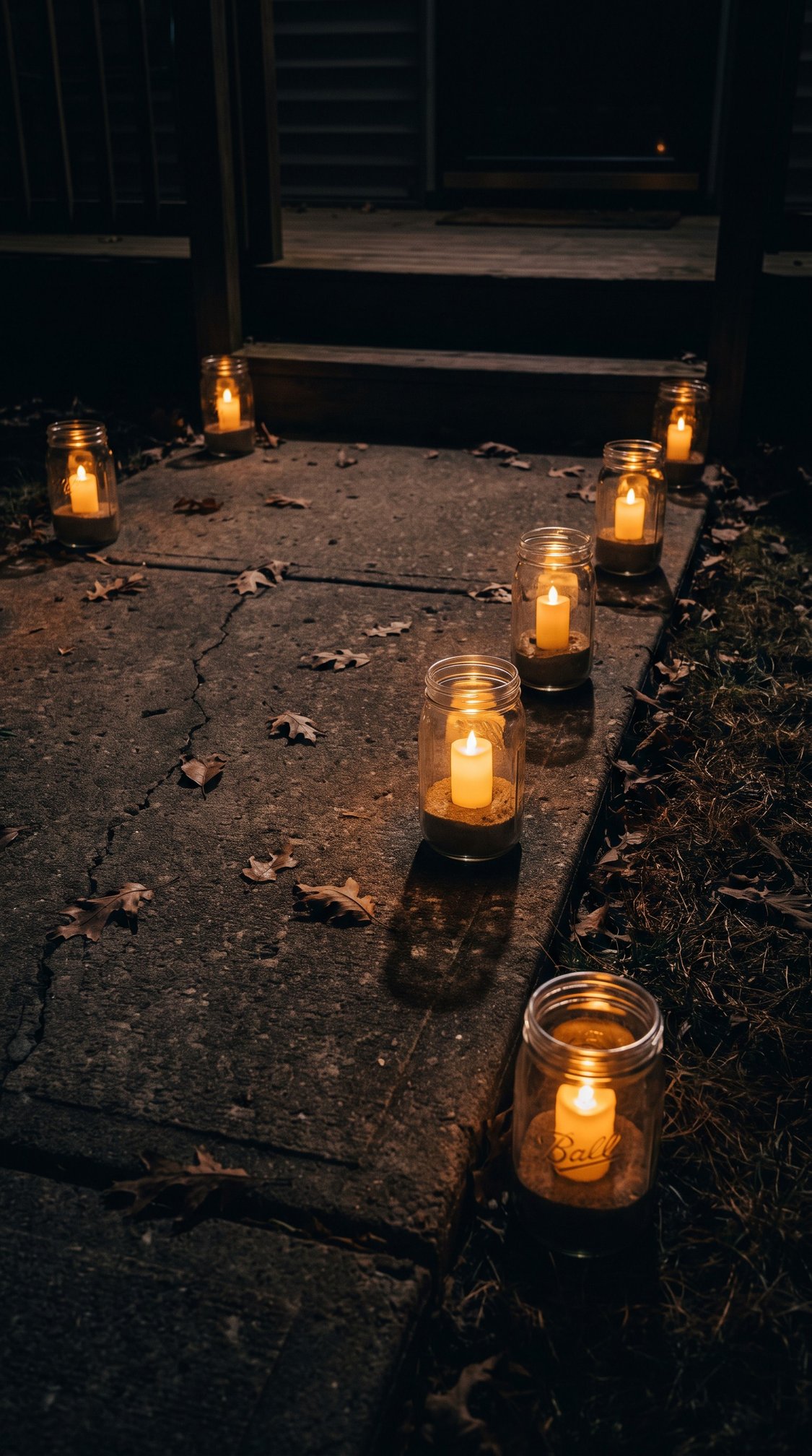 Lit candles in glass jars line a stone pathway at night, surrounded by fallen autumn leaves and dry grass, leading up to the steps of a porch.