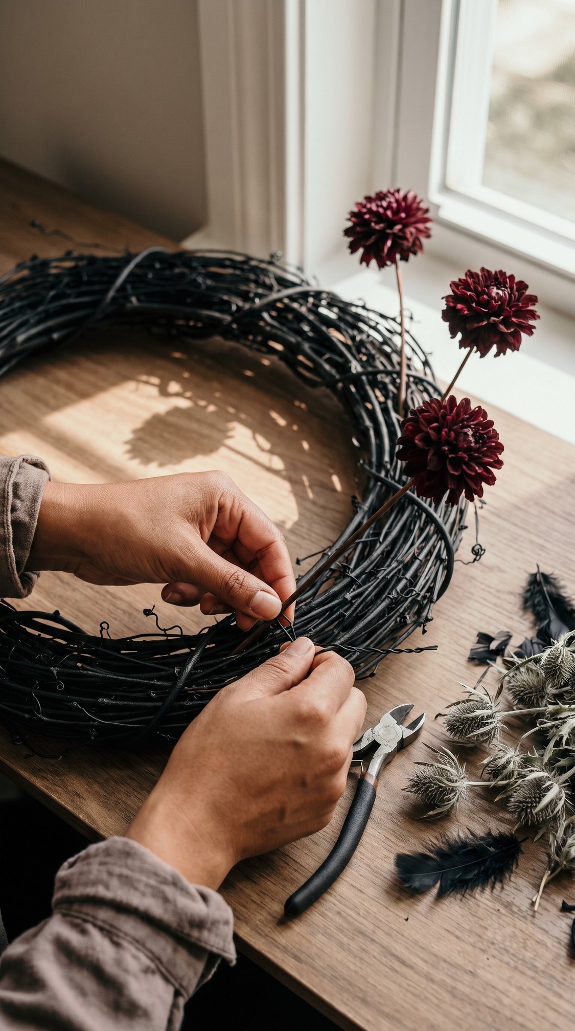 A persons hands create a wreath from dark twigs, attaching small decorations. Burgundy flowers and crafting tools, including pliers, are on the wooden table by a window.