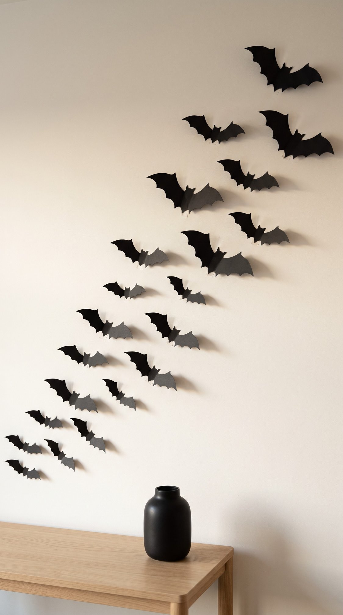 A group of black paper bats decorates a white wall in a diagonal pattern above a light wooden table with a black vase.