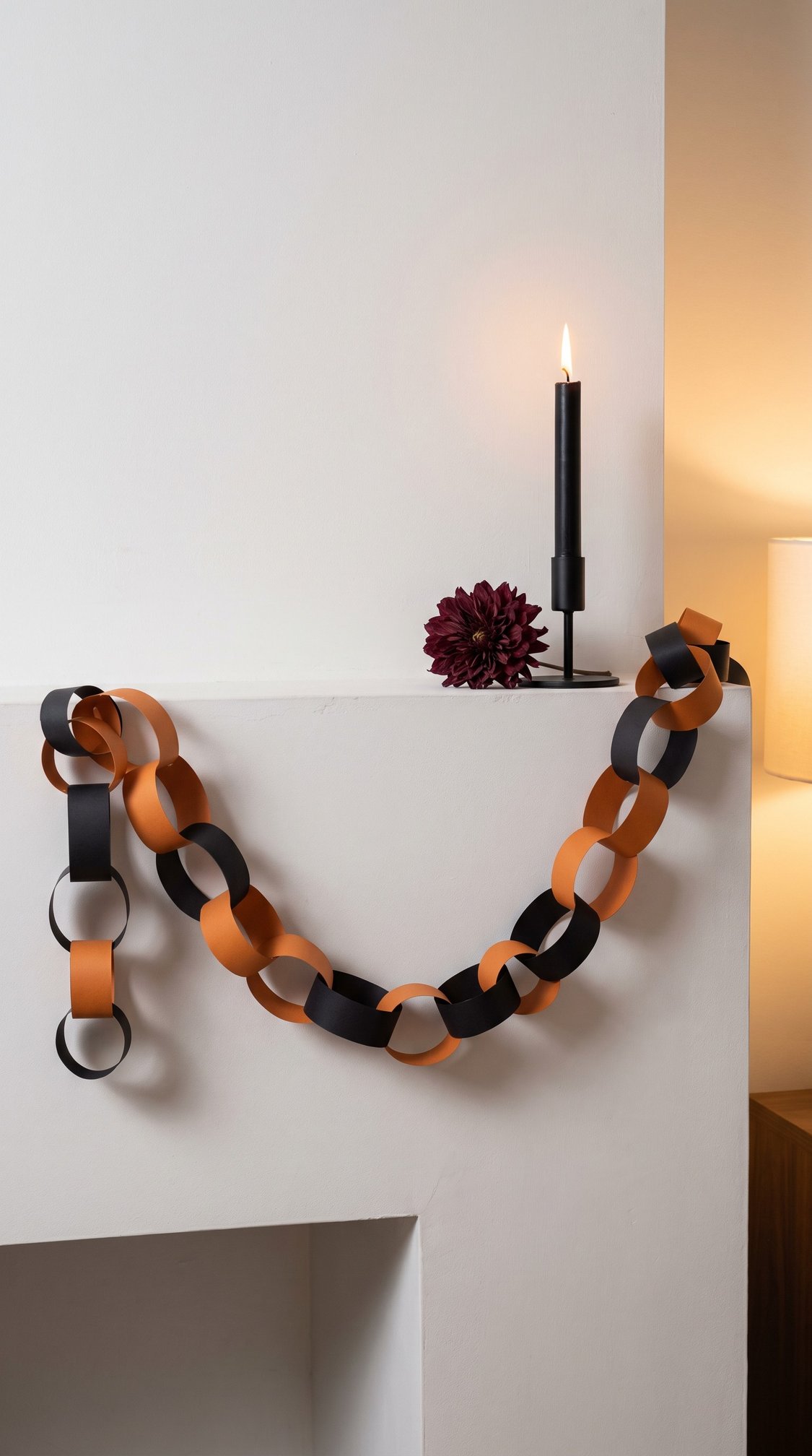 A paper chain garland in orange and black hangs on a white mantel. A black candle in a holder is lit nearby, with a dark purple flower next to it. Warm, soft lighting creates a cozy atmosphere.
