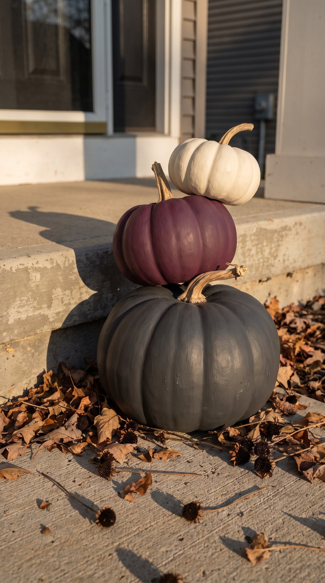 Three pumpkins painted gray, purple, and white are stacked on a porch step surrounded by dry autumn leaves, in warm sunlight.