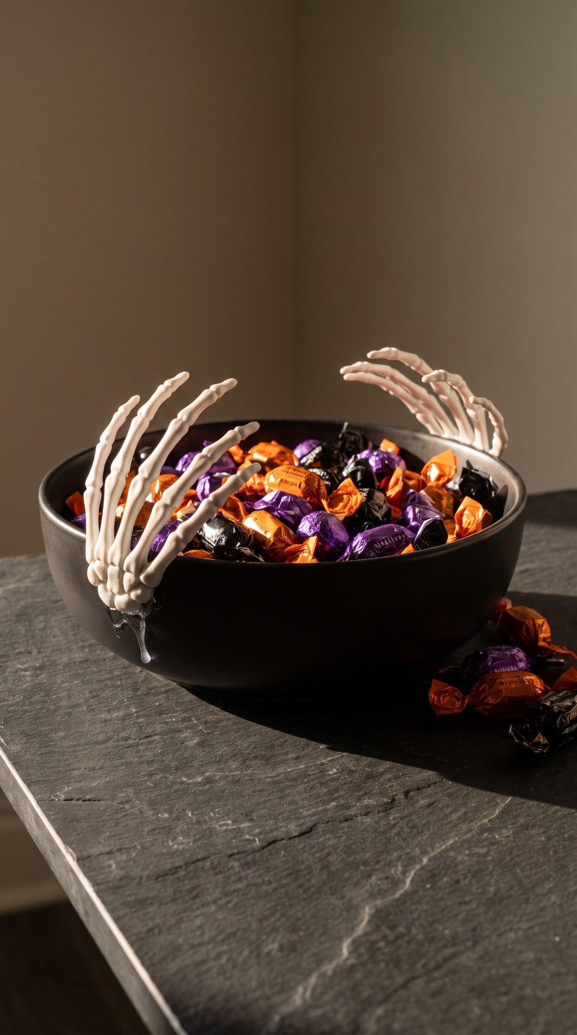 A black bowl filled with orange, purple, and black wrapped candies, decorated with two white plastic skeleton hands, sits on a dark tabletop in sunlight.