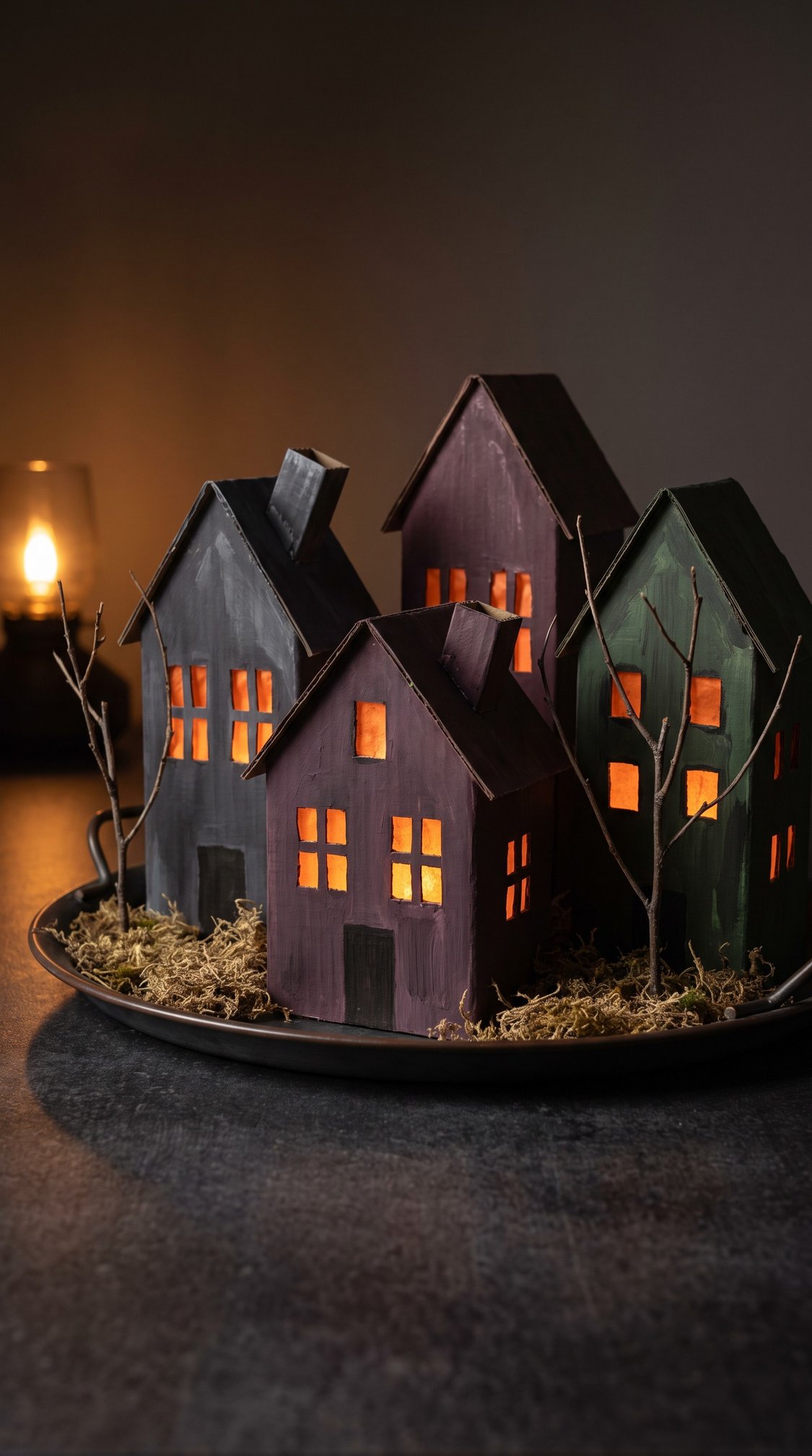 A group of small, dark-colored model houses with glowing windows sits on a tray with moss and bare twig trees, creating a cozy, illuminated scene in a dimly lit room.