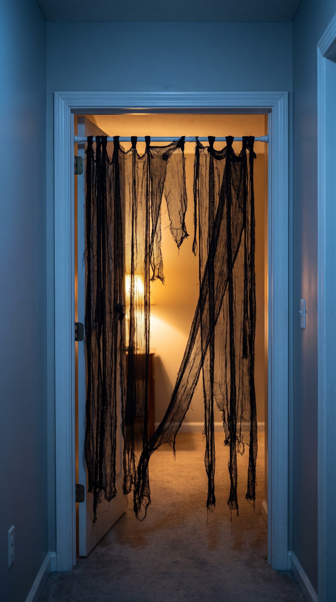 A doorway draped with tattered black fabric, illuminated by a warm lamp in the room beyond, creating a spooky, haunted house effect.