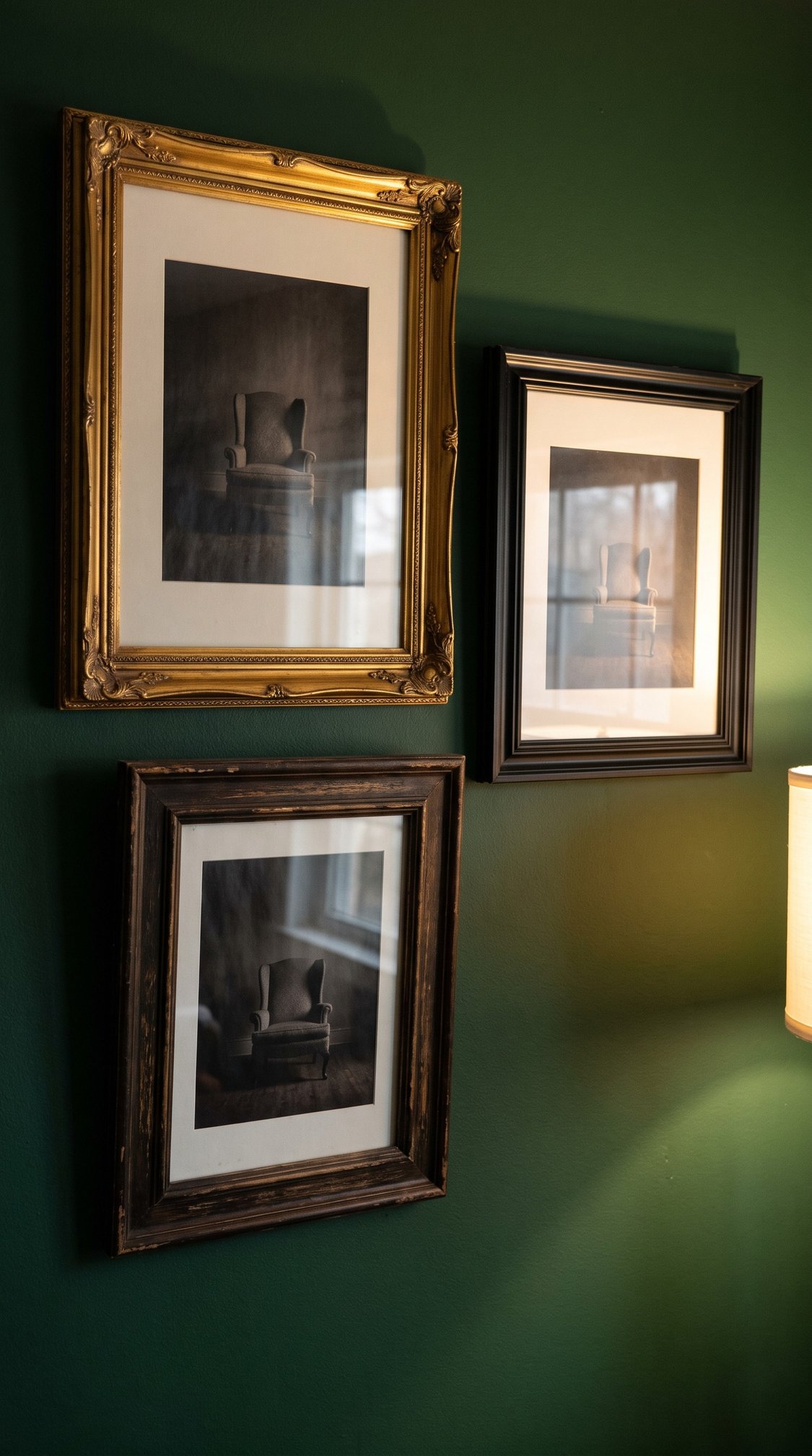 Three framed black-and-white photos of an armchair hang on a dark green wall. The top left frame is ornate gold, while the other two are simpler brown and black. A lamp is partially visible at the bottom right.