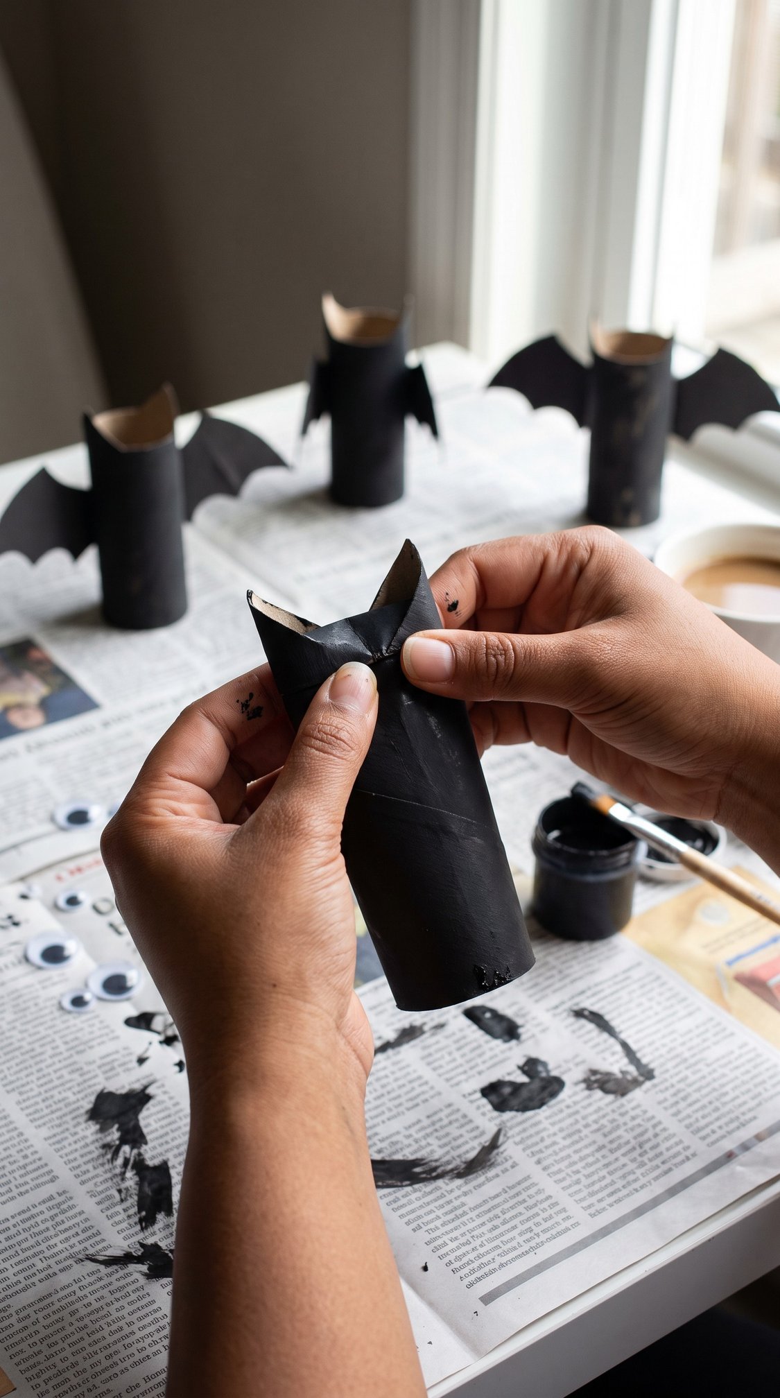 Hands craft a bat using a painted black toilet paper roll, with wings and ears. Other finished bats and art supplies are on a newspaper-covered table near a window.