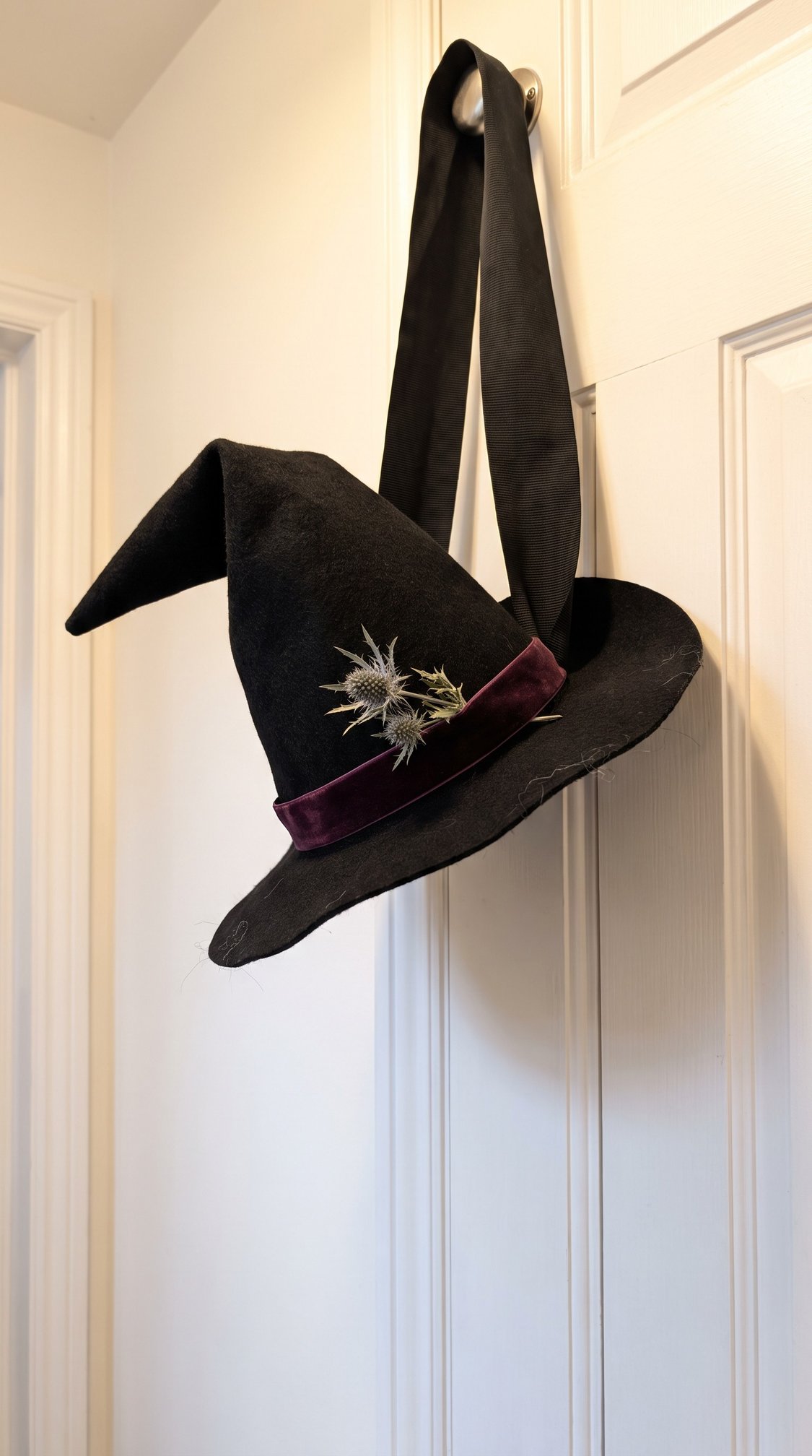 A black witch hat with a pointed tip and a maroon band, decorated with a dried thistle, hangs on a white door by a wide ribbon loop.