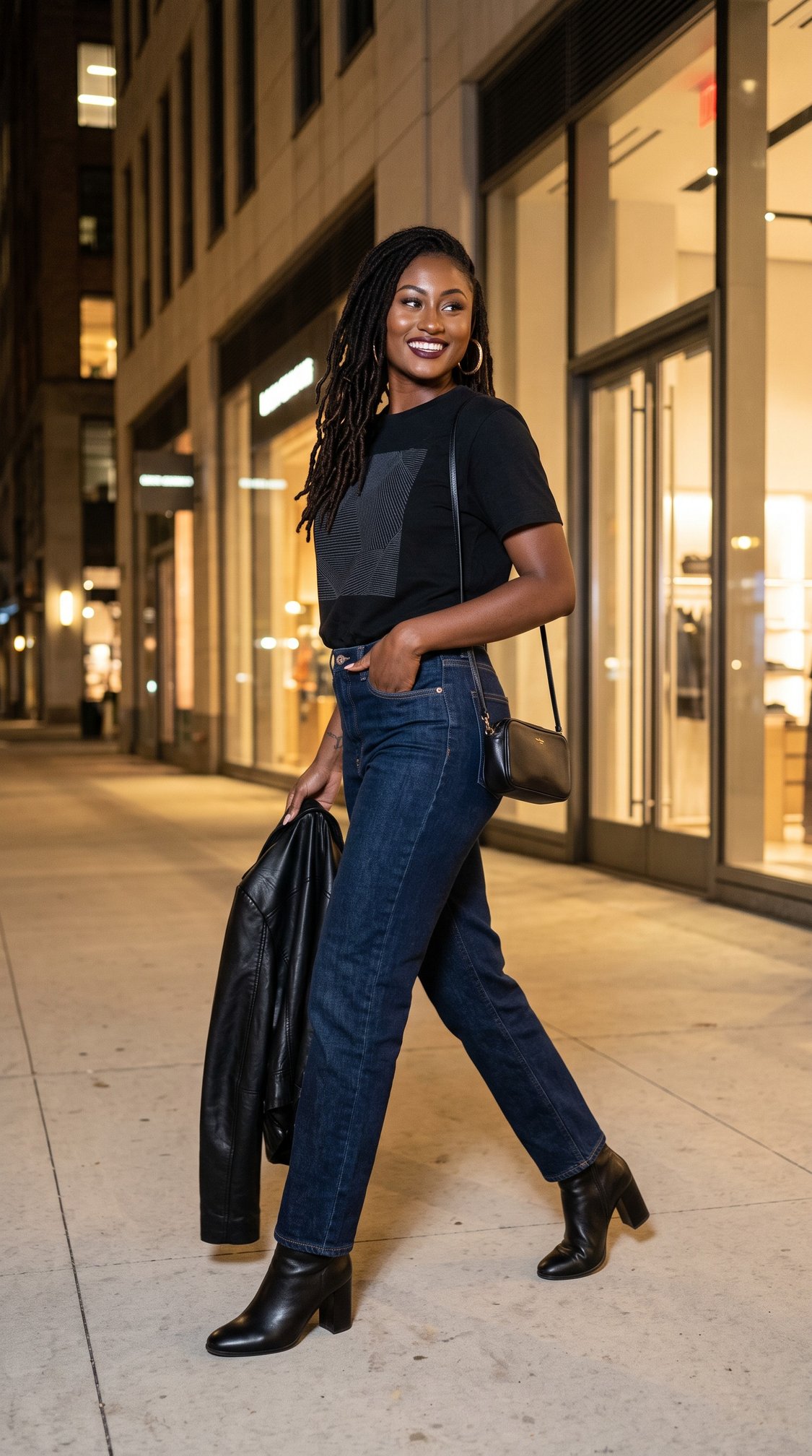 A woman smiles while walking on a city sidewalk at night, holding a black jacket and wearing a black top, blue jeans, black boots, and a crossbody bag. Storefronts with bright lights are in the background.