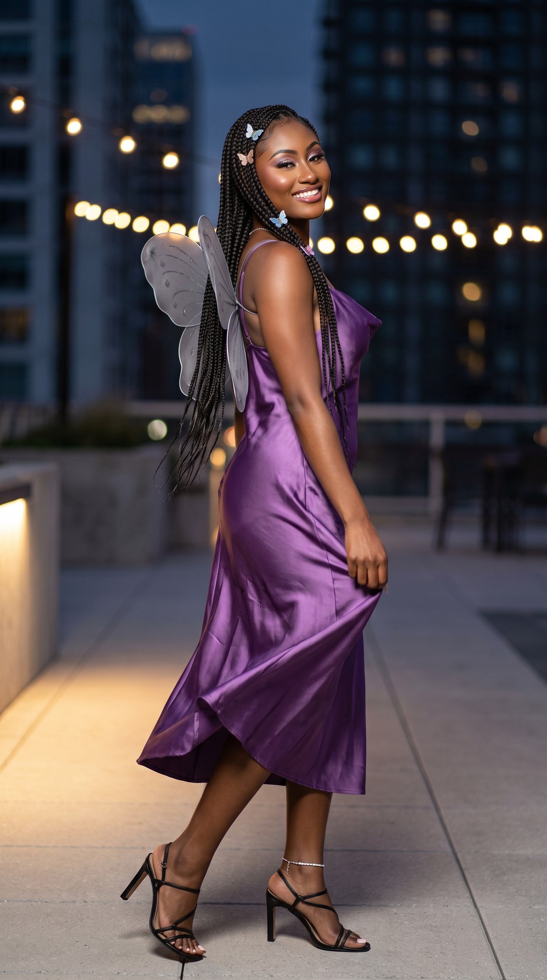 A woman in a shiny purple dress, fairy wings, and heels smiles while walking outdoors at night, with city buildings and string lights in the background.